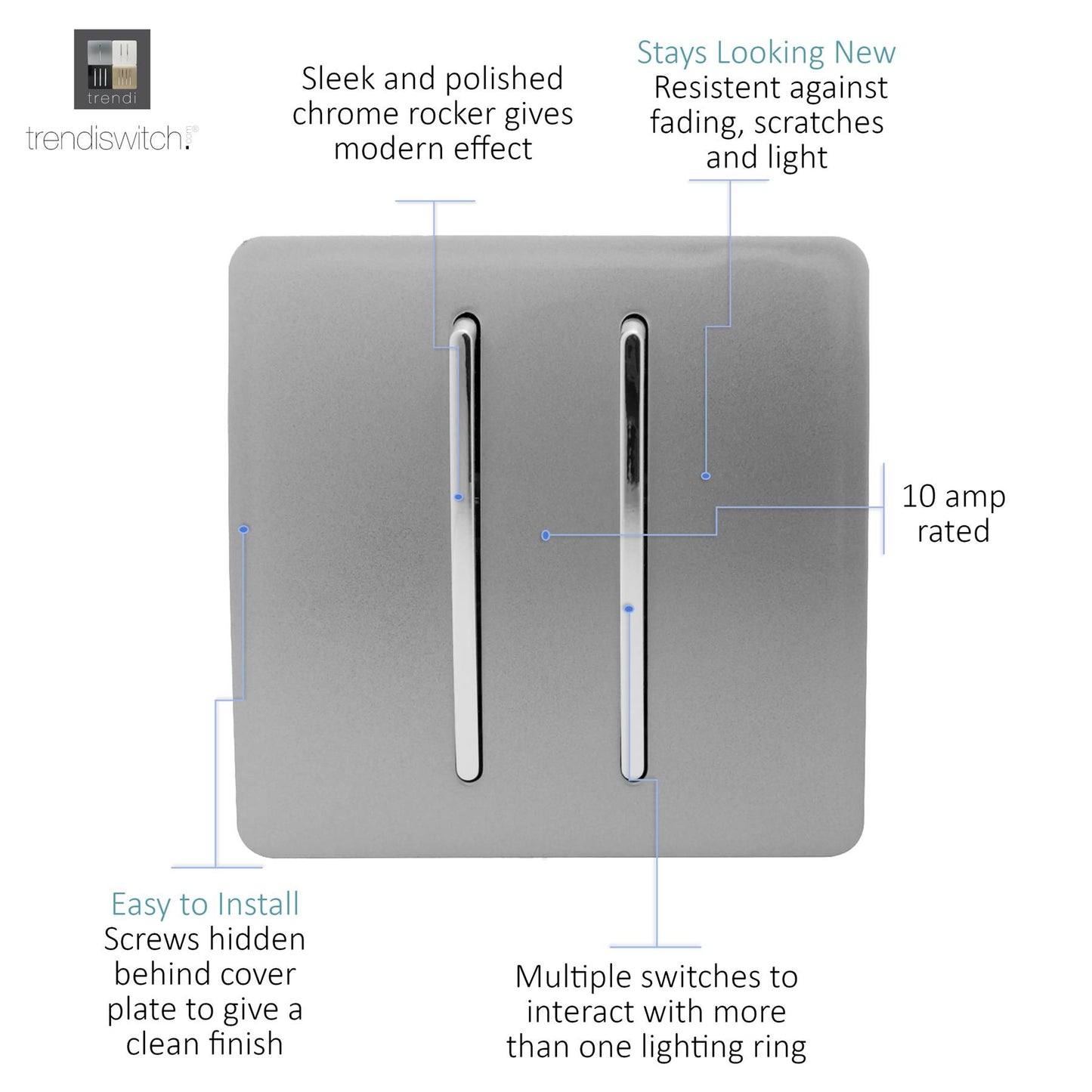 Trendi 2 Gang 3 way (Intermediate) 240V Screwless Raised Front Plate Plastic Artistic Modern Glossy 10 Amp Chrome Rocker Double Electrical Wall Light Switch in Light Grey