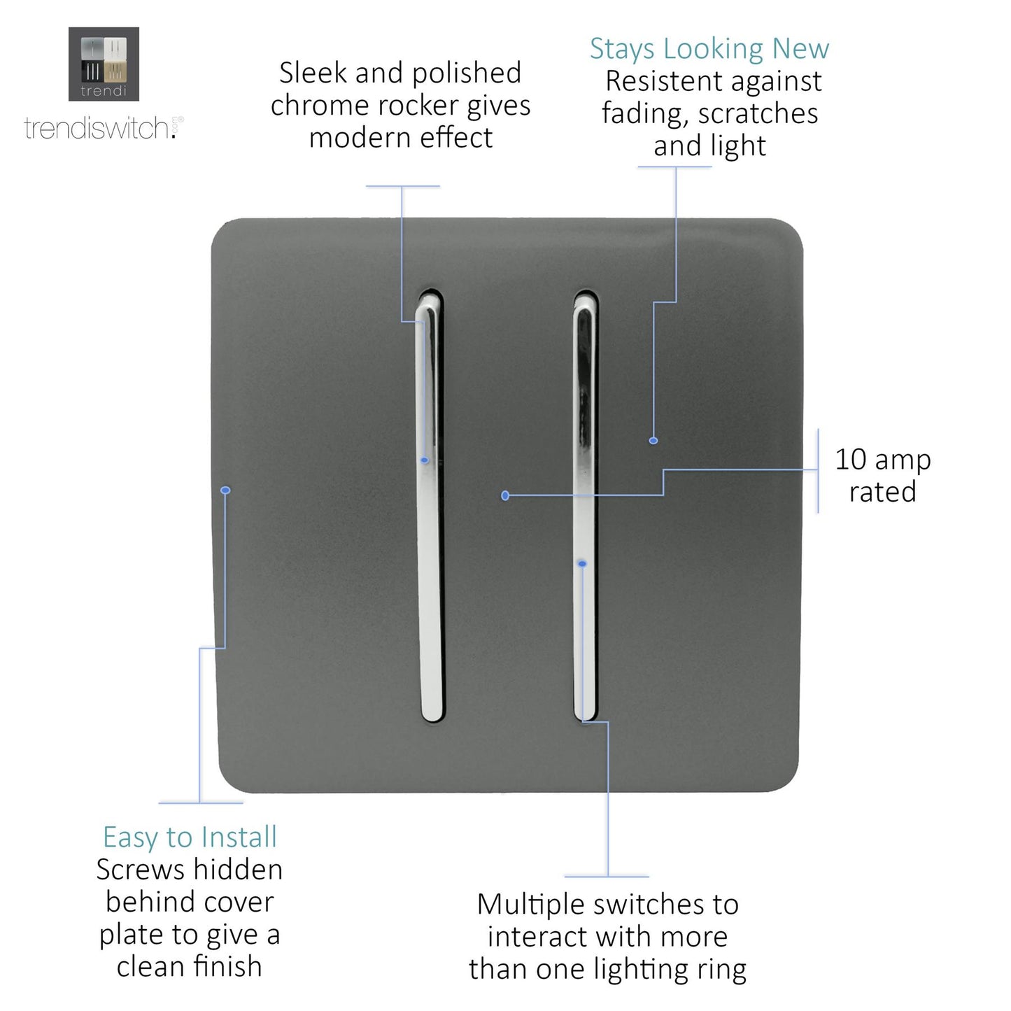 Trendi 2 Gang 3 way (Intermediate) 240V Screwless Raised Front Plate Plastic Artistic Modern Glossy 10 Amp Chrome Rocker Double Electrical Wall Light Switch in Charcoal Grey