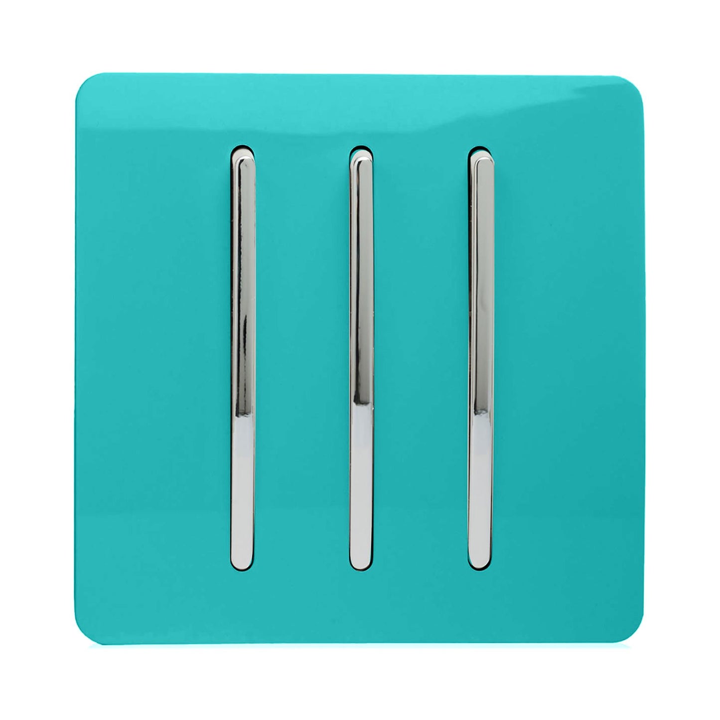 Trendi 3 Gang 2 way 240V Screwless Raised Front Plate Plastic Artistic Modern Glossy 10 Amp Chrome Rocker Triple Electrical Wall Light Switch in Bright Teal