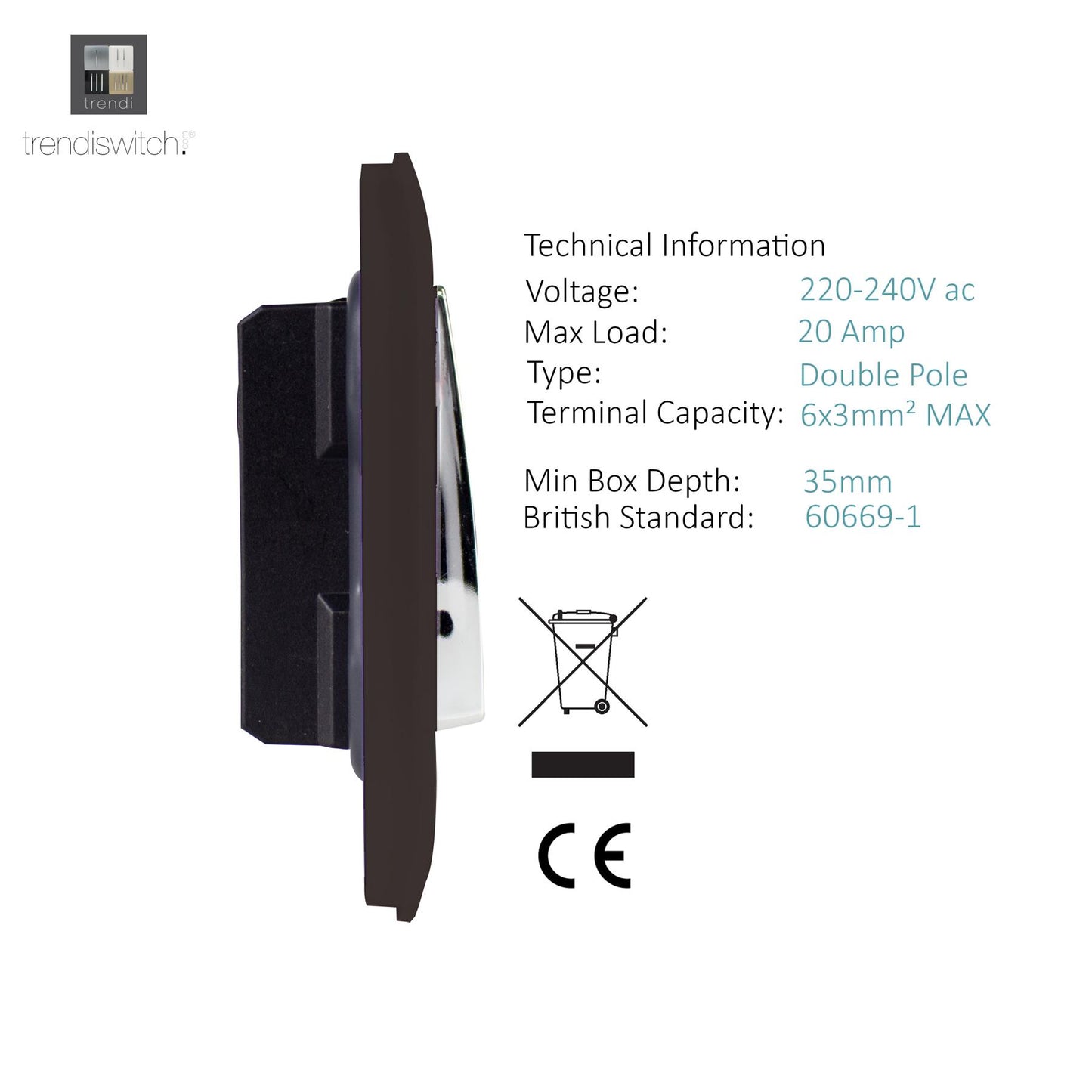 Trendi Artistic Modern Glossy 20 A Tactile Light Switch & Neon Insert Dark Brown
