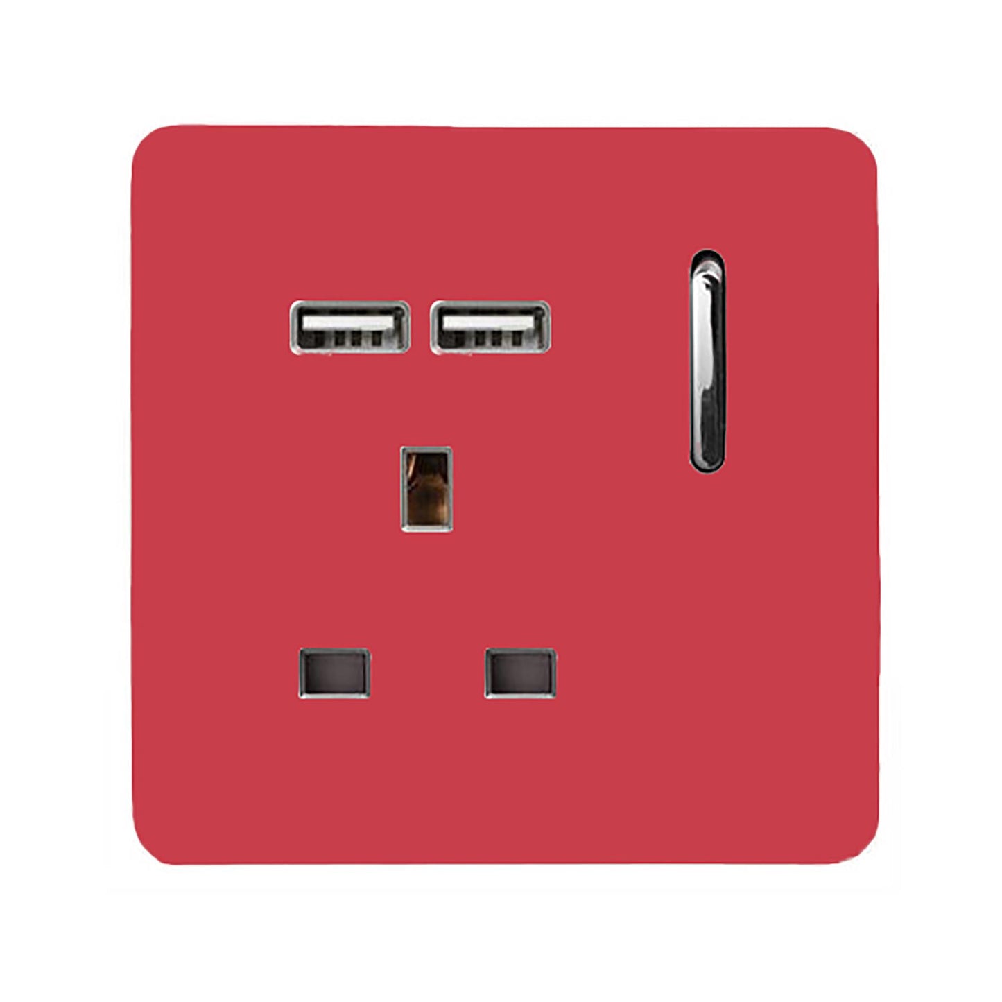 Trendi 1 Gang Single Switched Screwless Artistic Modern Glossy 13 Amp 2x Type A 2.1A USB Charging Port 13A Wall Outlet Plug Socket in Strawberry Red - ART-SKT13USBSB