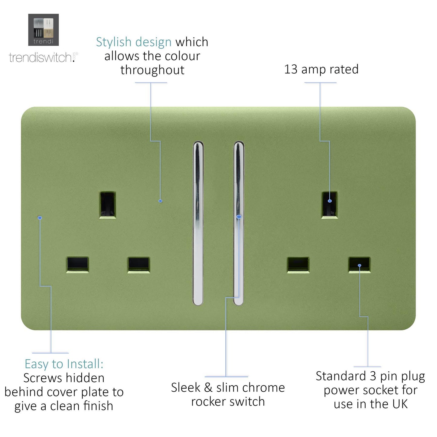Trendi 2 Gang Artistic Modern Glossy 13 Amp Switched Tactile Plug Socket Moss Green