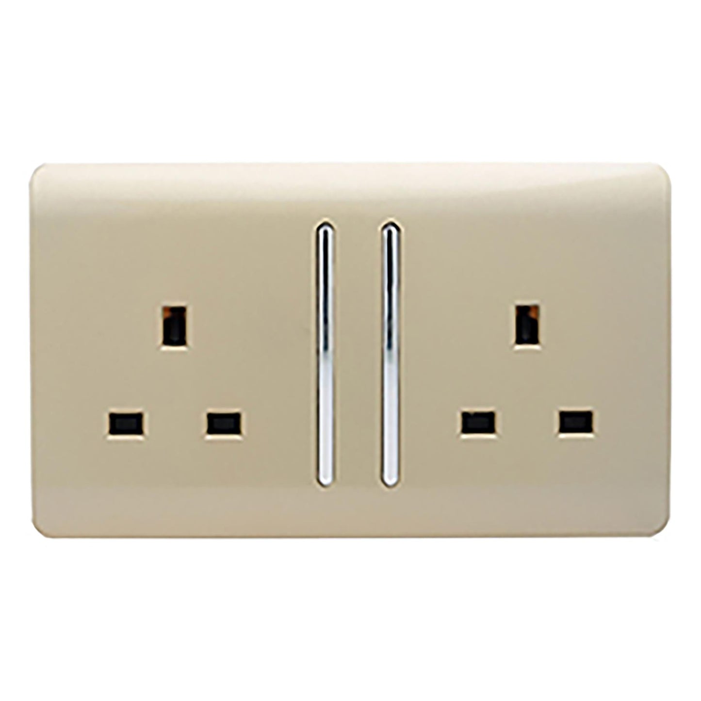 Trendi 2 Gang Raised Artistic Modern Glossy Screwless 13 Amp Single Pole with Chrome Switched UK Standard Electrical Double Wall Plug Socket in Champagne Gold - ART-SKT213LGO