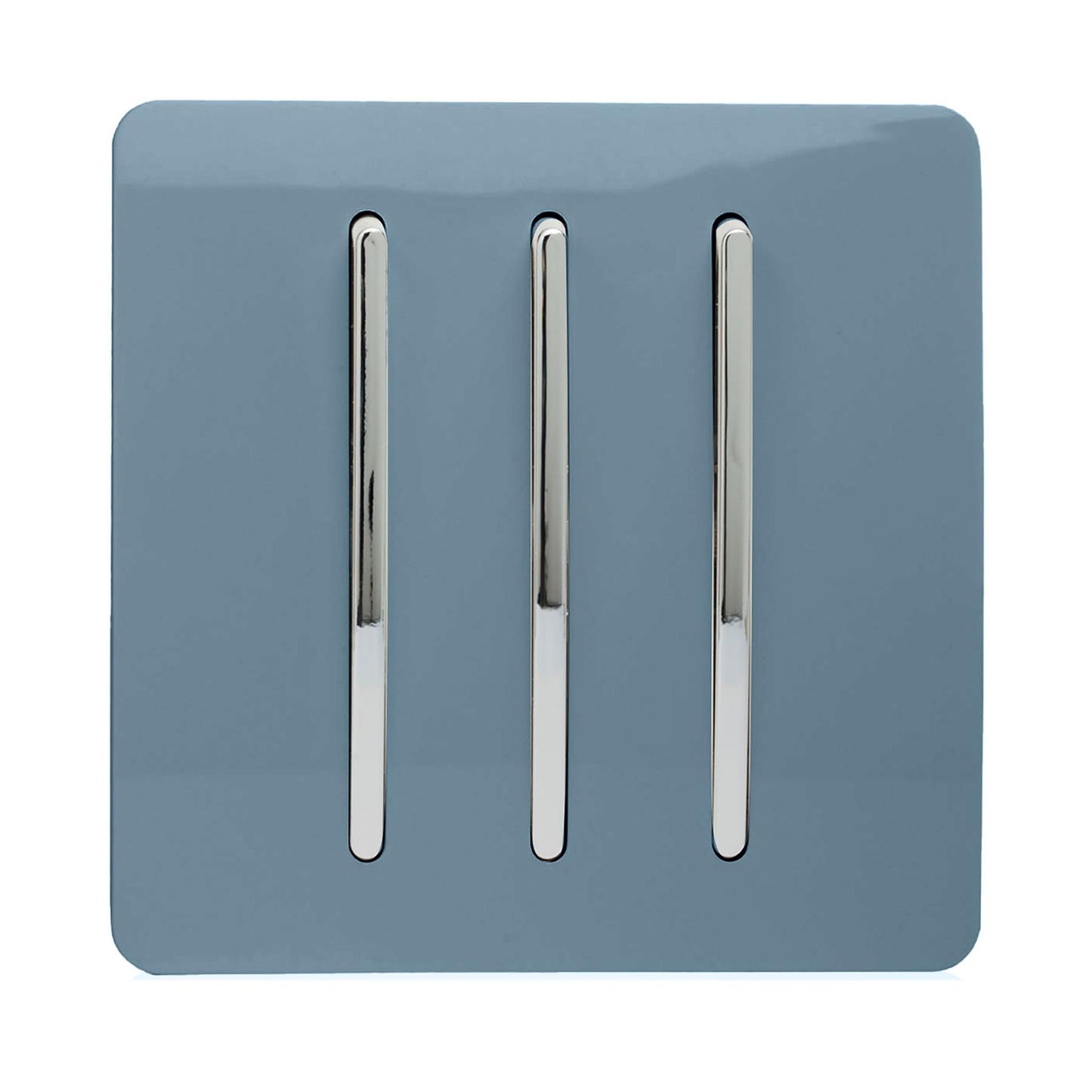 Trendi 3 Gang 2 way 240V Screwless Raised Front Plate Plastic Artistic Modern Glossy 10 Amp Chrome Rocker Triple Electrical Wall Light Switch in Sky Blue