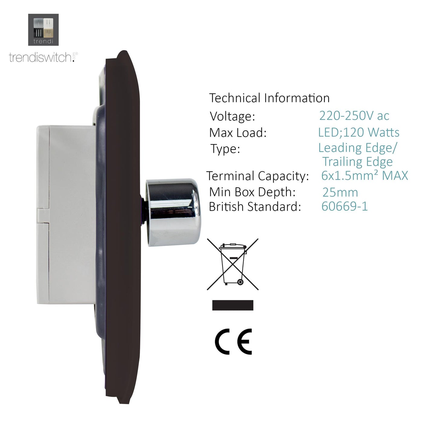 Trendi 1 Gang 2 Way 240V 150w LED Dimmer Screwless Raised Front Plate Plastic Artistic Modern Glossy 10 Amp Chrome Single Electrical Wall Light Switch in Dark Mocha Brown - ART-LDMDB