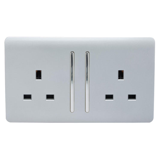 Trendi 2 Gang Raised Artistic Modern Glossy Screwless 13 Amp Single Pole with Chrome Switched UK Standard Electrical Double Wall Plug Socket in Platinum Silver - ART-SKT213LSI