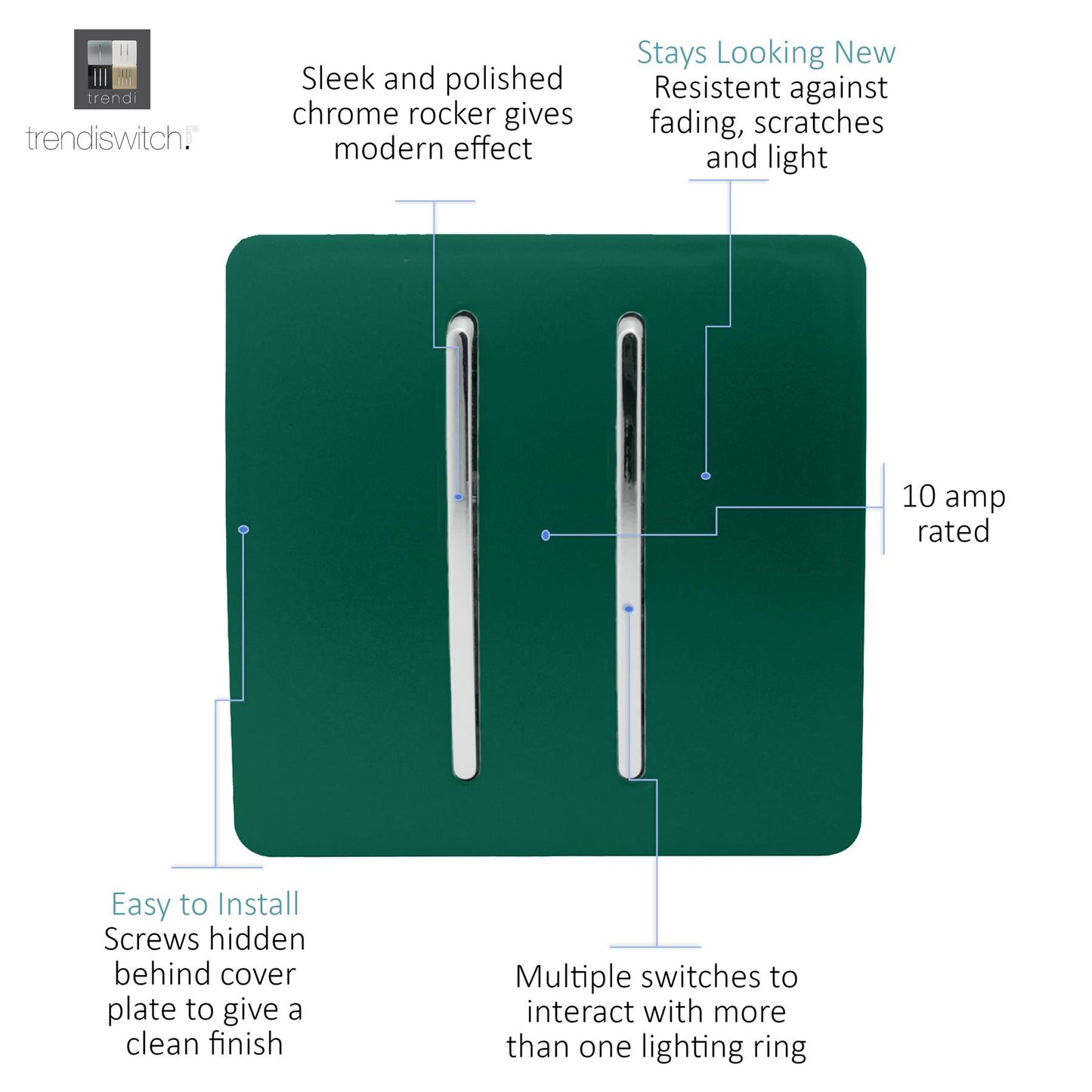 Trendi 2 Gang 3 way (Intermediate) 240V Screwless Raised Front Plate Plastic Artistic Modern Glossy 10 Amp Chrome Rocker Double Electrical Wall Light Switch in Dark Forest Green