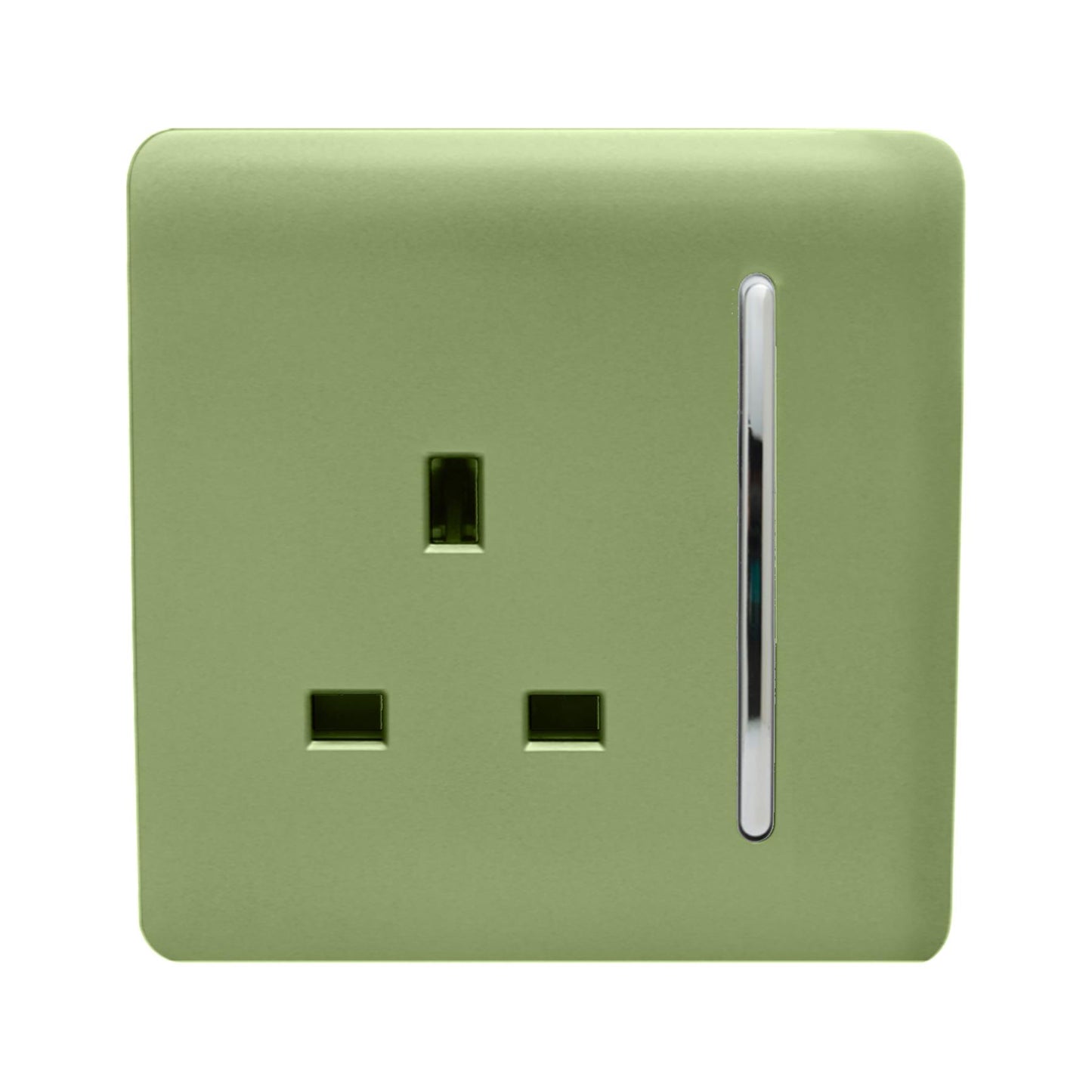 Trendi 1 Gang Raised Artistic Modern Glossy Screwless 13 Amp Single Pole with Chrome Switched UK Standard Electrical Double Wall Plug Socket in Moss Green in ART-SKT13MG