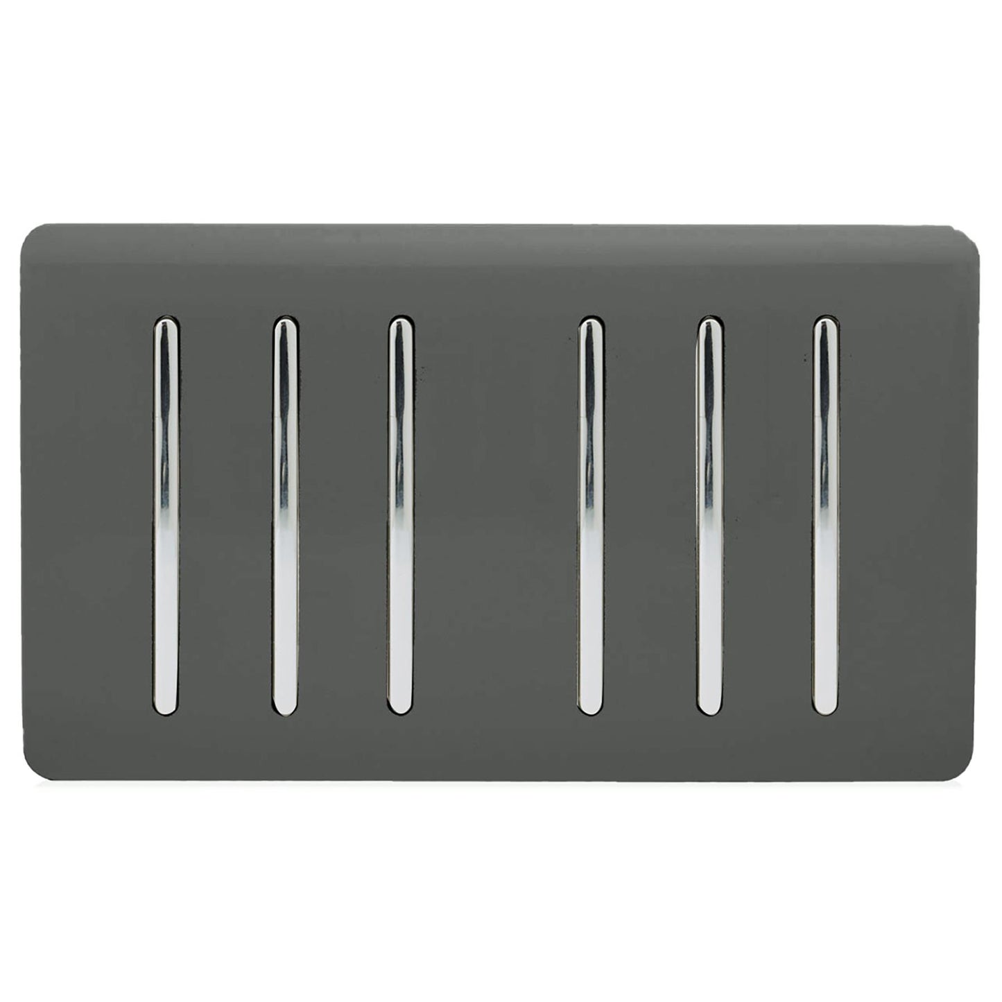 Trendi 6 Gang 2 way 240V Screwless Raised Front Twin Plate Plastic Artistic Modern Glossy 10 Amp Chrome Rocker Quad Electrical Wall Light Switch in Charcoal Grey - ART-SS66CH