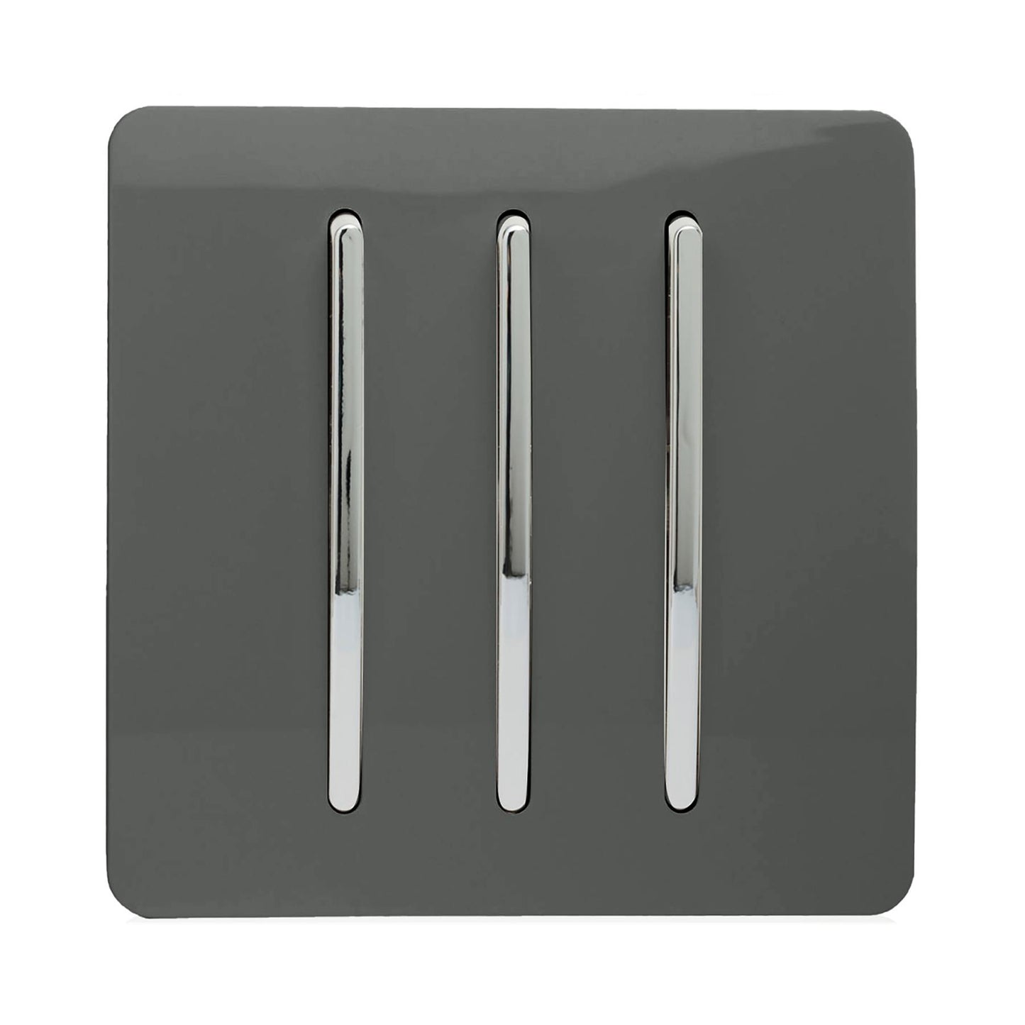 Trendi 3 Gang 2 way 240V Screwless Raised Front Plate Plastic Artistic Modern Glossy 10 Amp Chrome Rocker Triple Electrical Wall Light Switch in Charcoal Grey