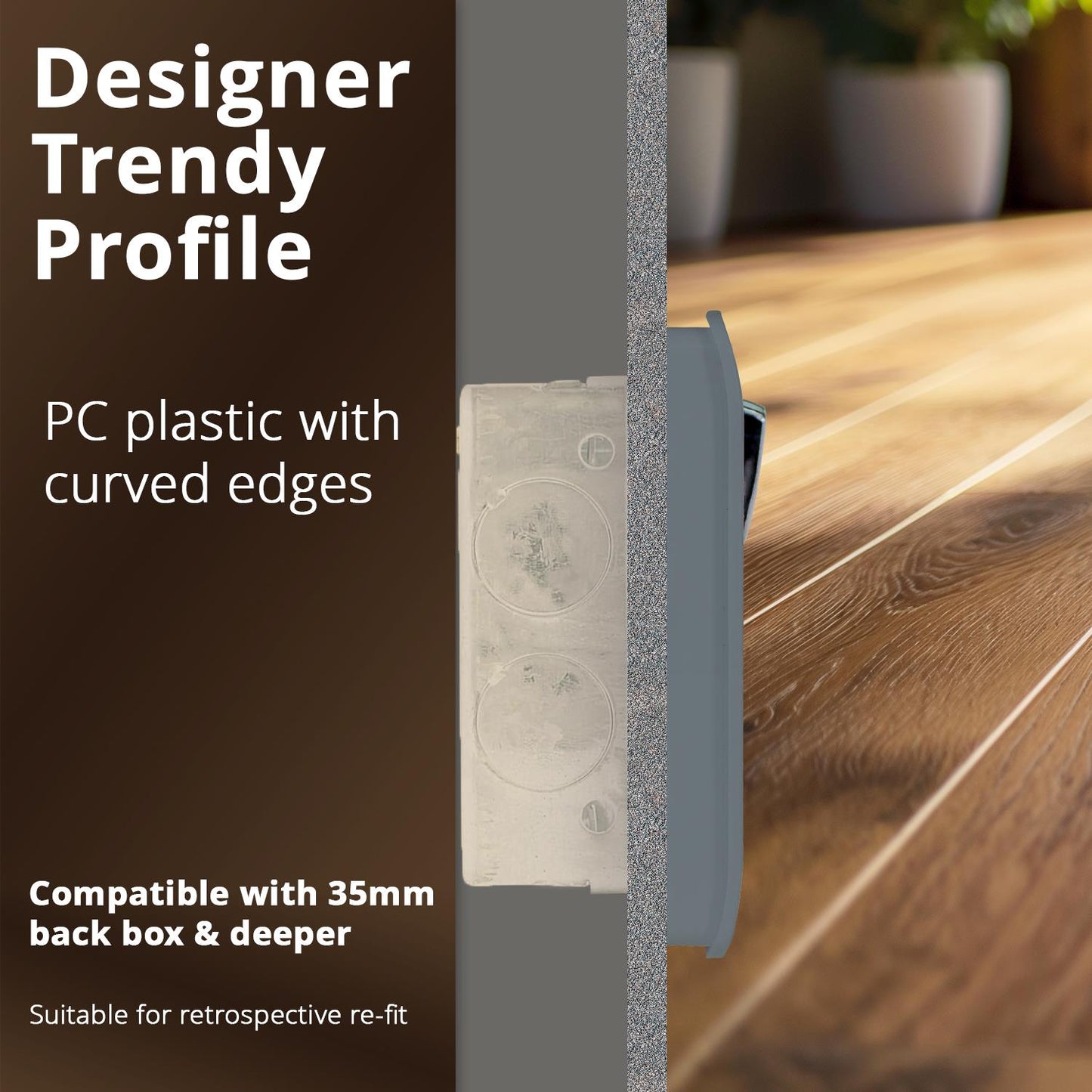 Trendi 2 Gang Raised Artistic Modern Glossy Screwless 13 Amp Single Pole with Chrome Switched UK Standard Electrical Double Wall Plug Socket in Warm Grey - ART-SKT213LWG