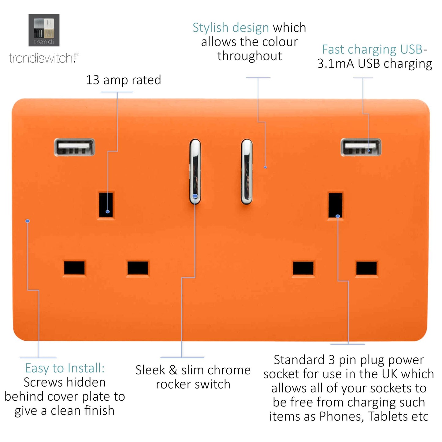 Trendi 2 Gang Artistic Modern Glossy 13 Amp 2 x 3.1mA USB Switched Plug Socket Orange