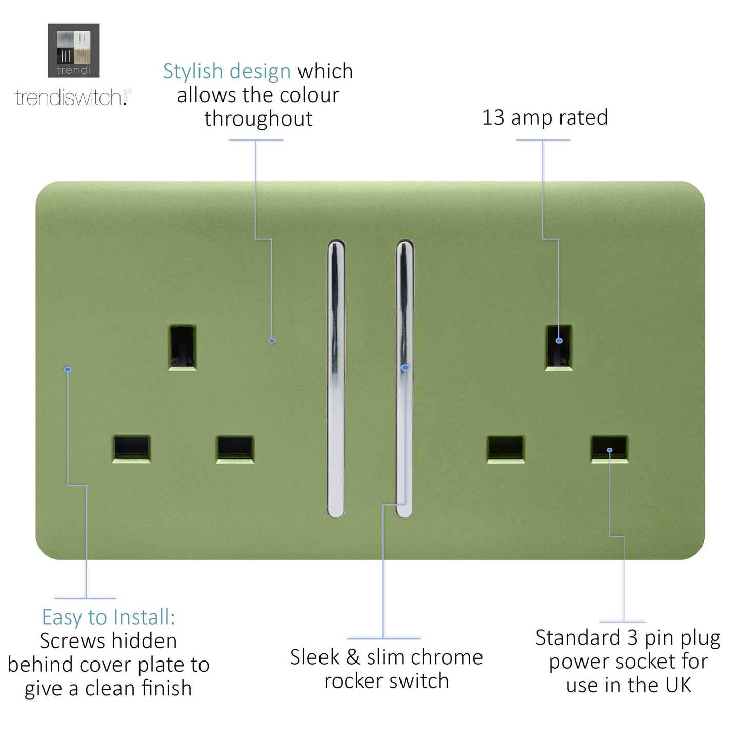 Trendi 2 Gang Artistic Modern Glossy 13 Amp Switched Tactile Plug Socket Moss Green