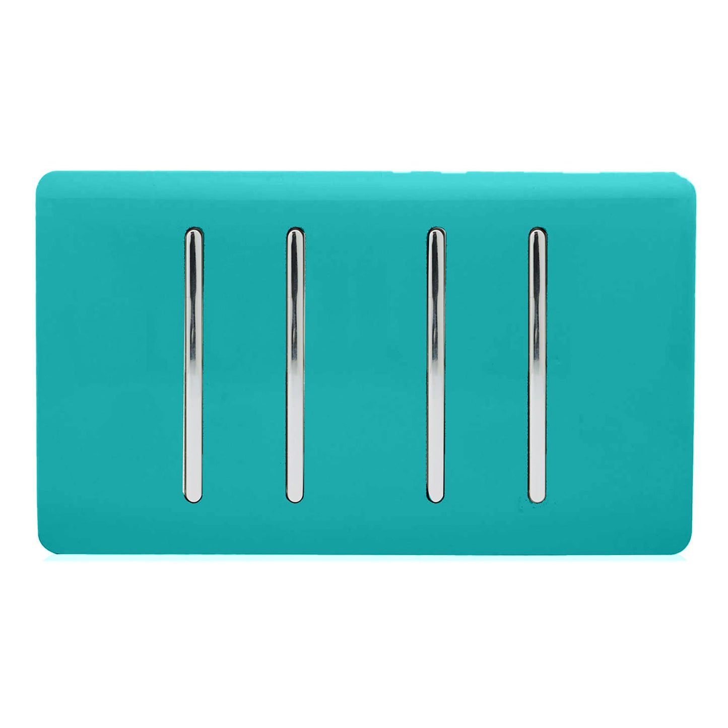 Trendi 4 Gang 2 way 240V Screwless Raised Front Twin Plate Plastic Artistic Modern Glossy 10 Amp Chrome Rocker Quad Electrical Wall Light Switch in Bright Teal - ART-SS44BT