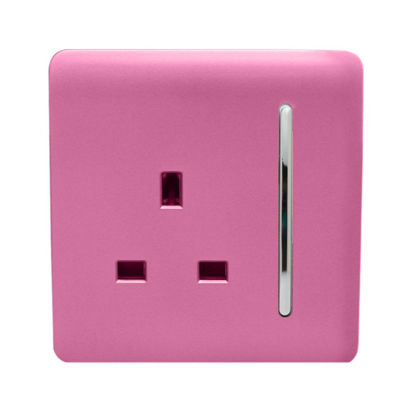 Trendi 1 Gang Raised Artistic Modern Glossy Screwless 13 Amp Single Pole with Chrome Switched UK Standard Electrical Double Wall Plug Socket in Candy Pink in ART-SKT13PK