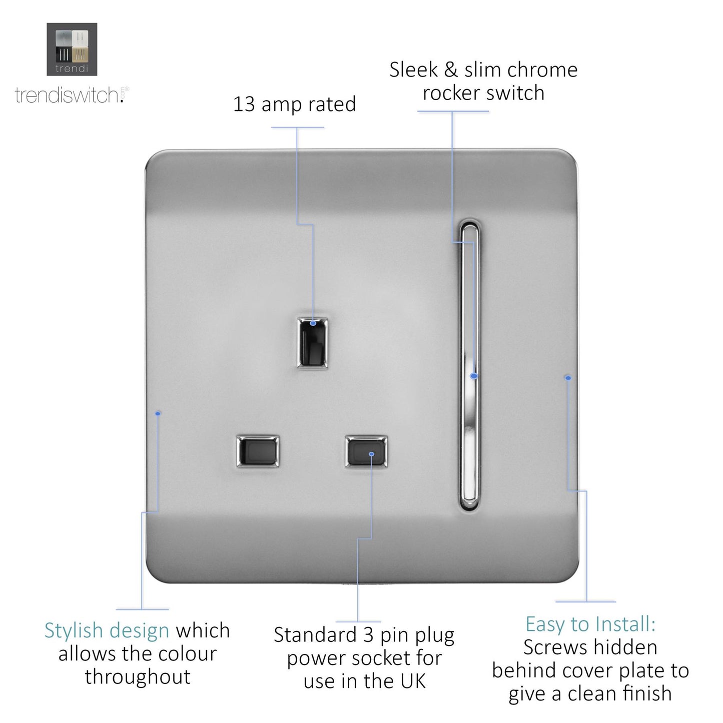Trendi 1 Gang Artistic Modern Glossy 13 Amp Switched Tactile Plug Socket Stainless Steel