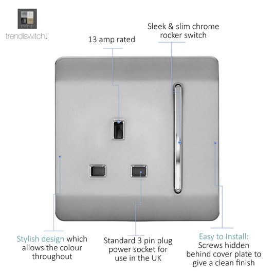Trendi 1 Gang Raised Artistic Modern Glossy Screwless 13 Amp Single Pole with Chrome Switched UK Standard Electrical Double Wall Plug Socket in Brushed Steel in ART-SKT13BS