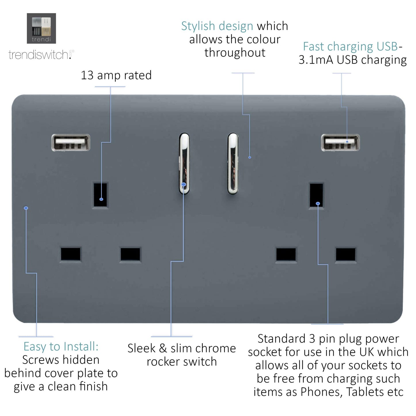 Trendi 2 Gang Artistic Modern Glossy 13 Amp 2 x 3.1mA USB Switched Plug Socket Warm Grey