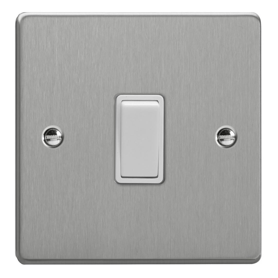 Varilight Essential 1 Gang 10A 1 or 2 Way w/ White Rocker Light Switch in Brushed Steel