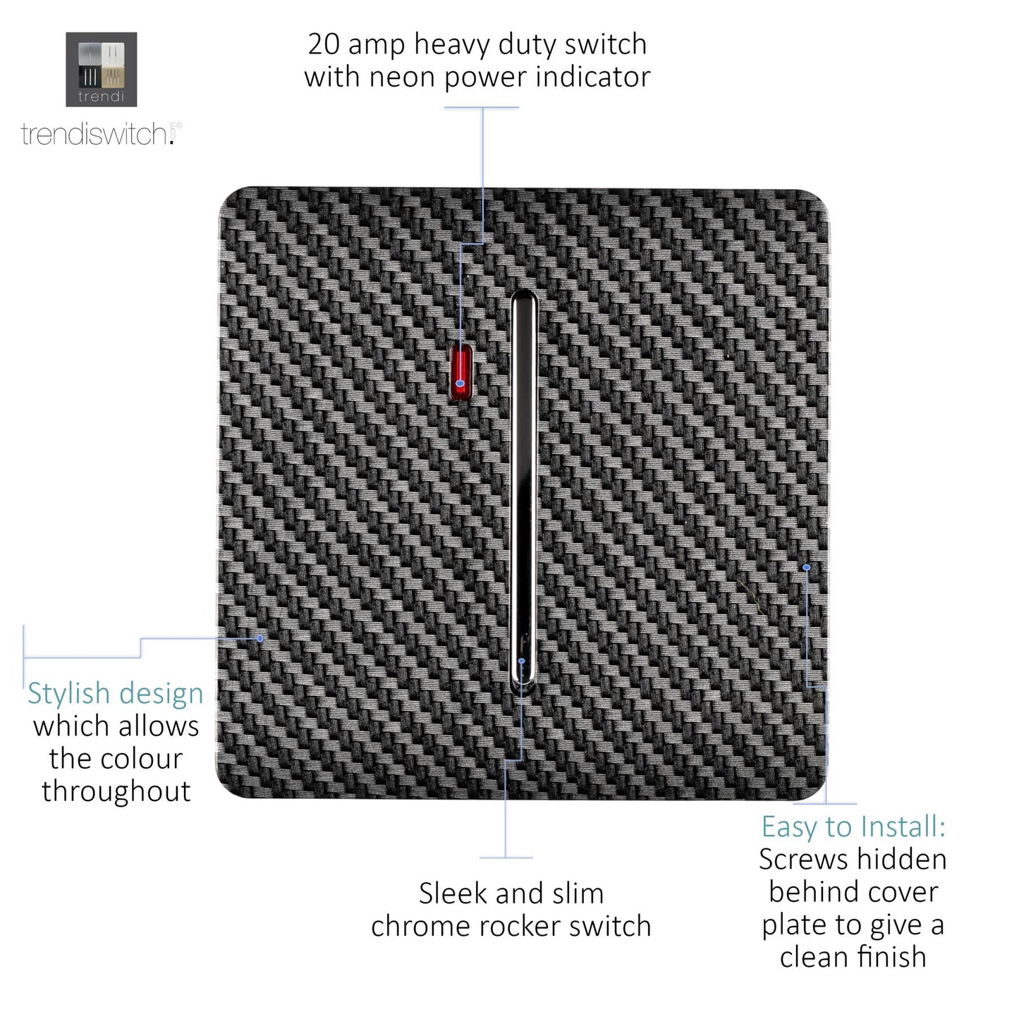 Trendi Switch 1 Gang 20 Amp Modern Designer Heavy Duty Rocker Switch in Carbon Fibre
