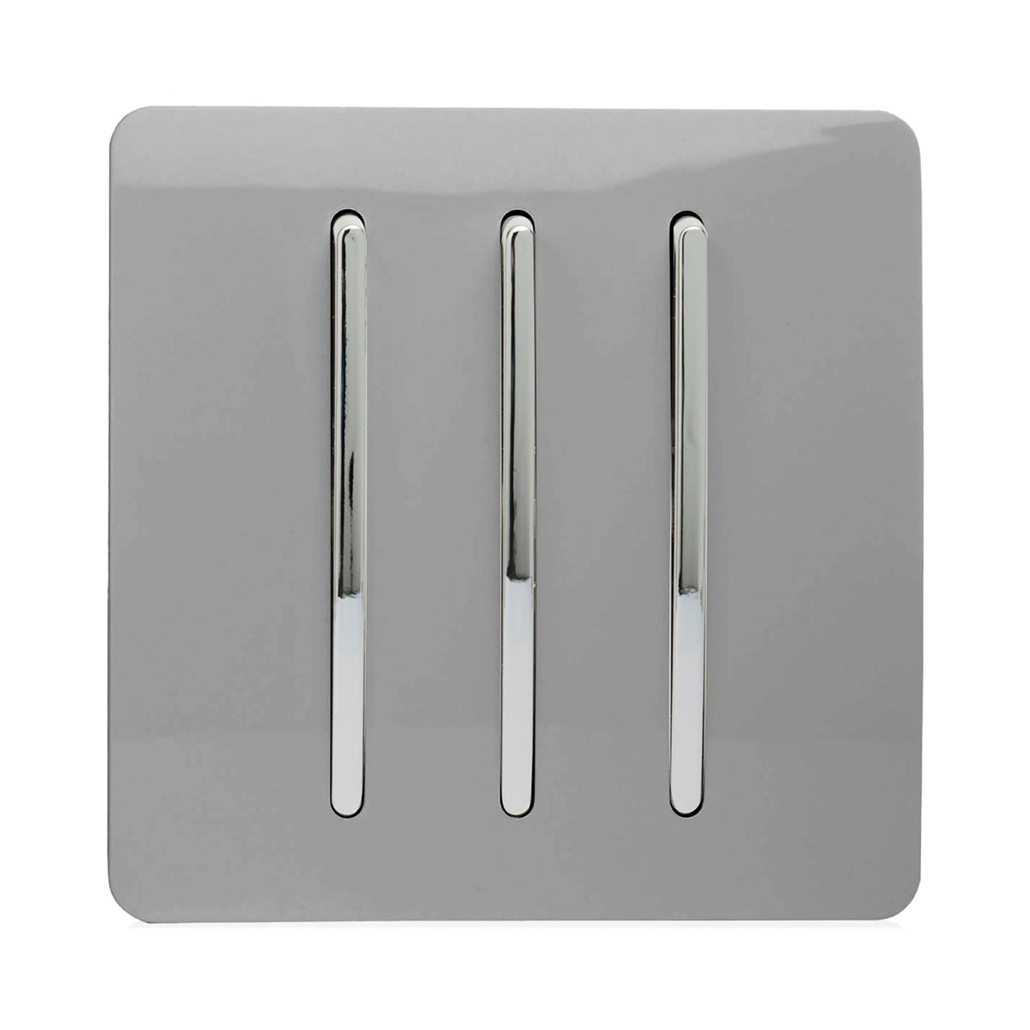 Trendi 3 Gang 2 way 240V Screwless Raised Front Plate Plastic Artistic Modern Glossy 10 Amp Chrome Rocker Triple Electrical Wall Light Switch in Light Grey
