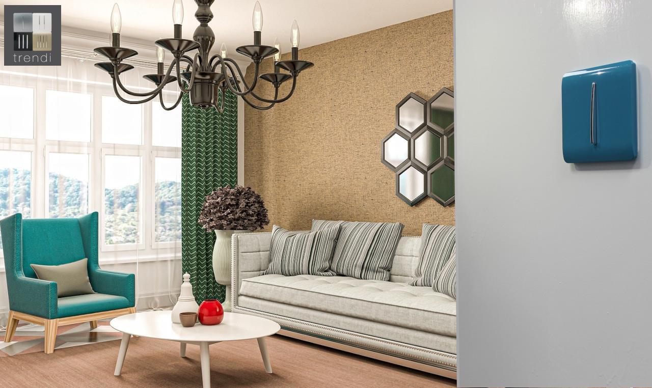 Trendi 1 Gang 3 Way Intermediate 240V Screwless Raised Front Plate Plastic Artistic Modern Glossy 10 Amp Chrome Rocker Single Electrical Wall Light Switch in Bright Teal - ART-SS9BT