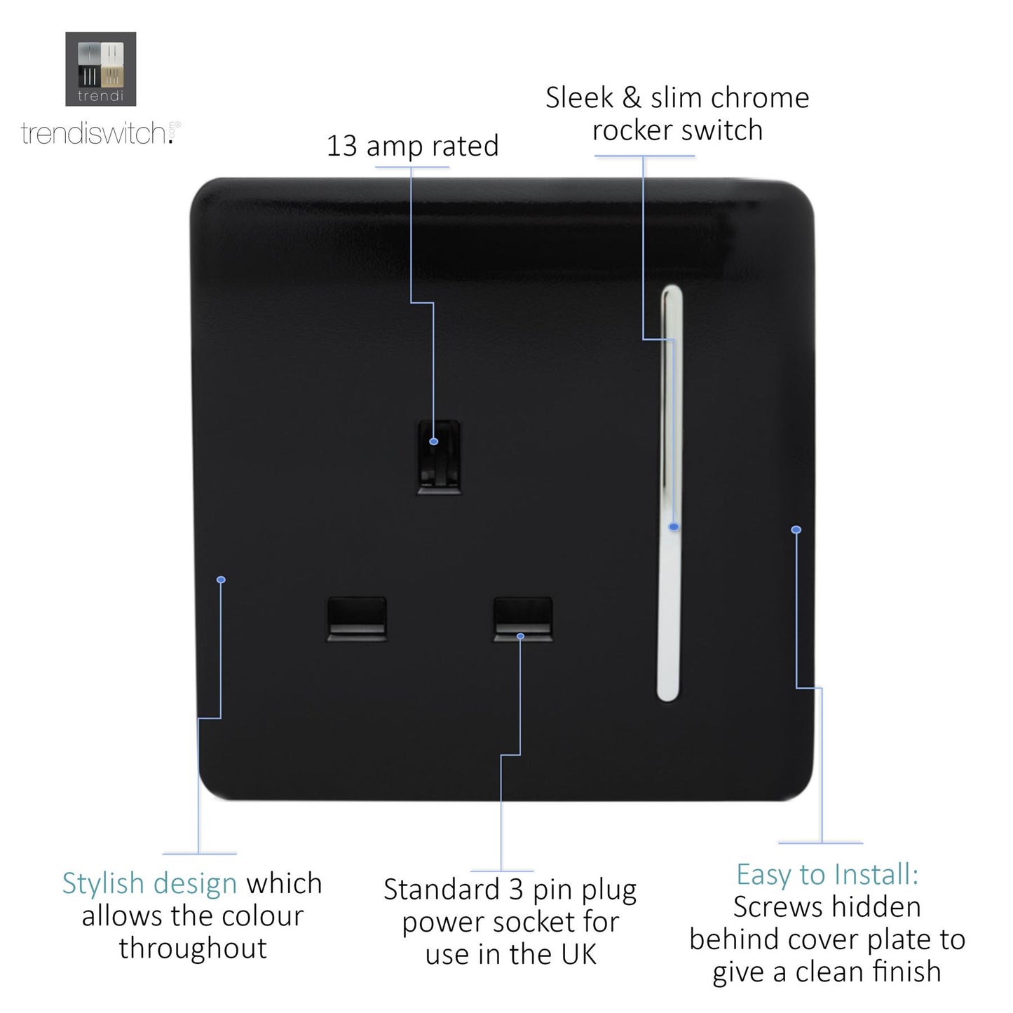 Trendi 1 Gang Artistic Modern 13 Amp Switched Plug Socket Black ART-SKT13BK