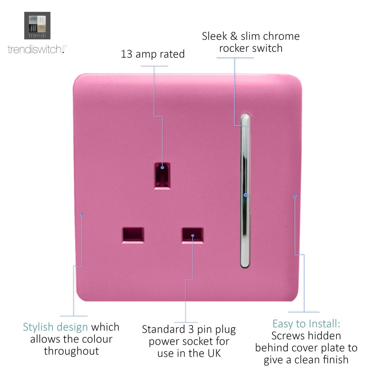 Trendi 1 Gang Artistic Modern Glossy 13 Amp Switched Tactile Plug Socket Pink