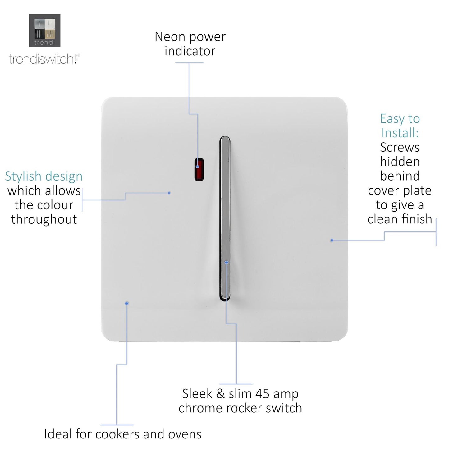 Trendi Artistic Modern Glossy 45 A Light Switch & Neon Insert White ART-WHS2WH