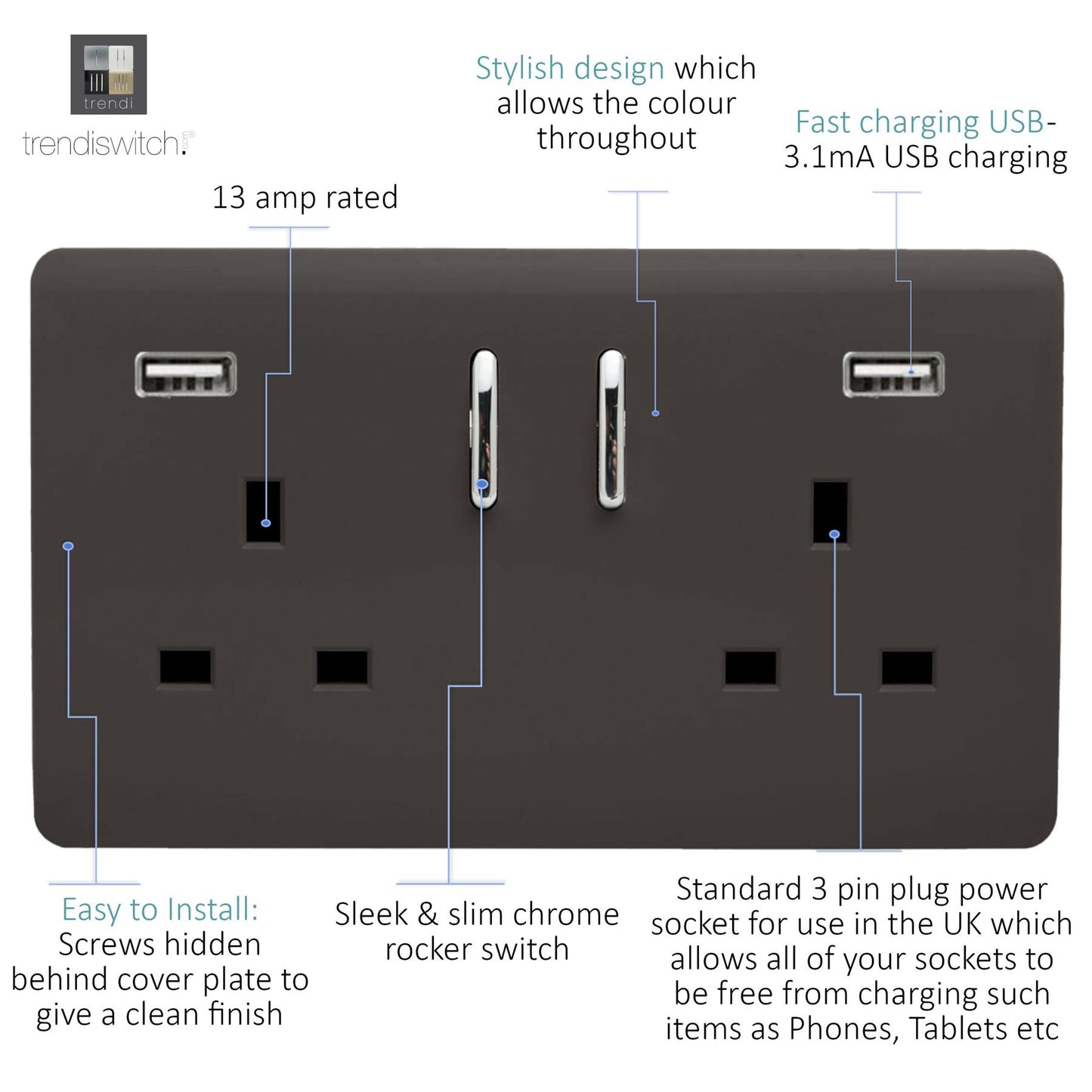 Trendi 2 Gang Artistic Modern Glossy 13 Amp 2 x 3.1mA USB Switched Plug Socket Dark Brown