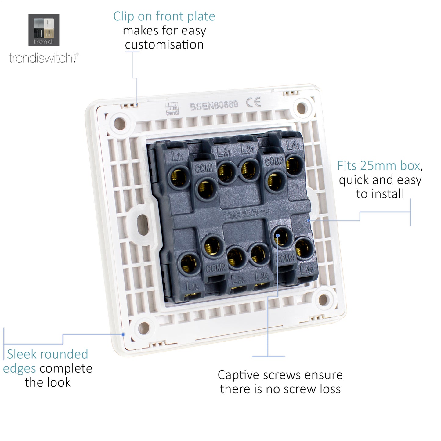Trendi 4 Gang 2 way 240V Screwless Raised Front Plate Plastic Artistic Modern Glossy 10 Amp Chrome Rocker Quad Electrical Wall Light Switch in Dark Forest Green