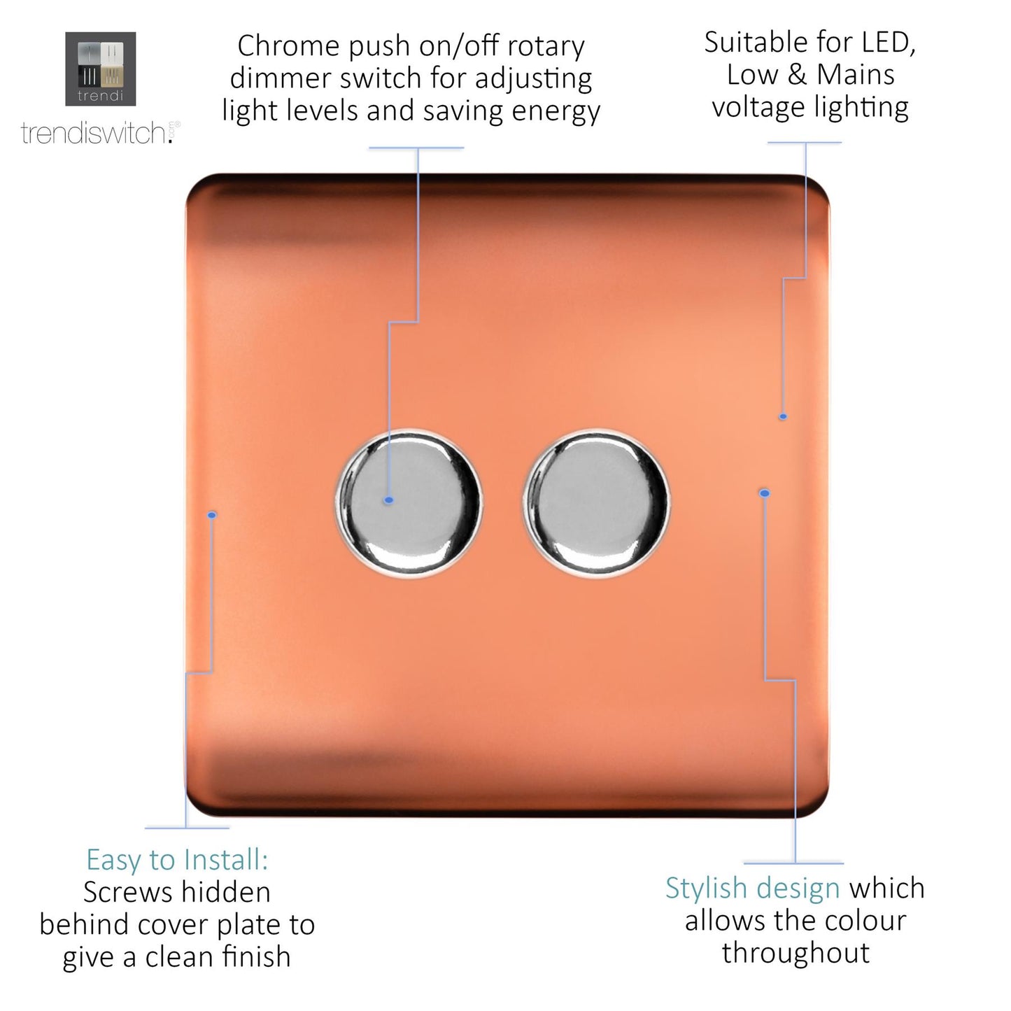 Trendi Artistic Modern Glossy Tactile 2 Gang 2 Way 150w LED Dimmer switch Copper