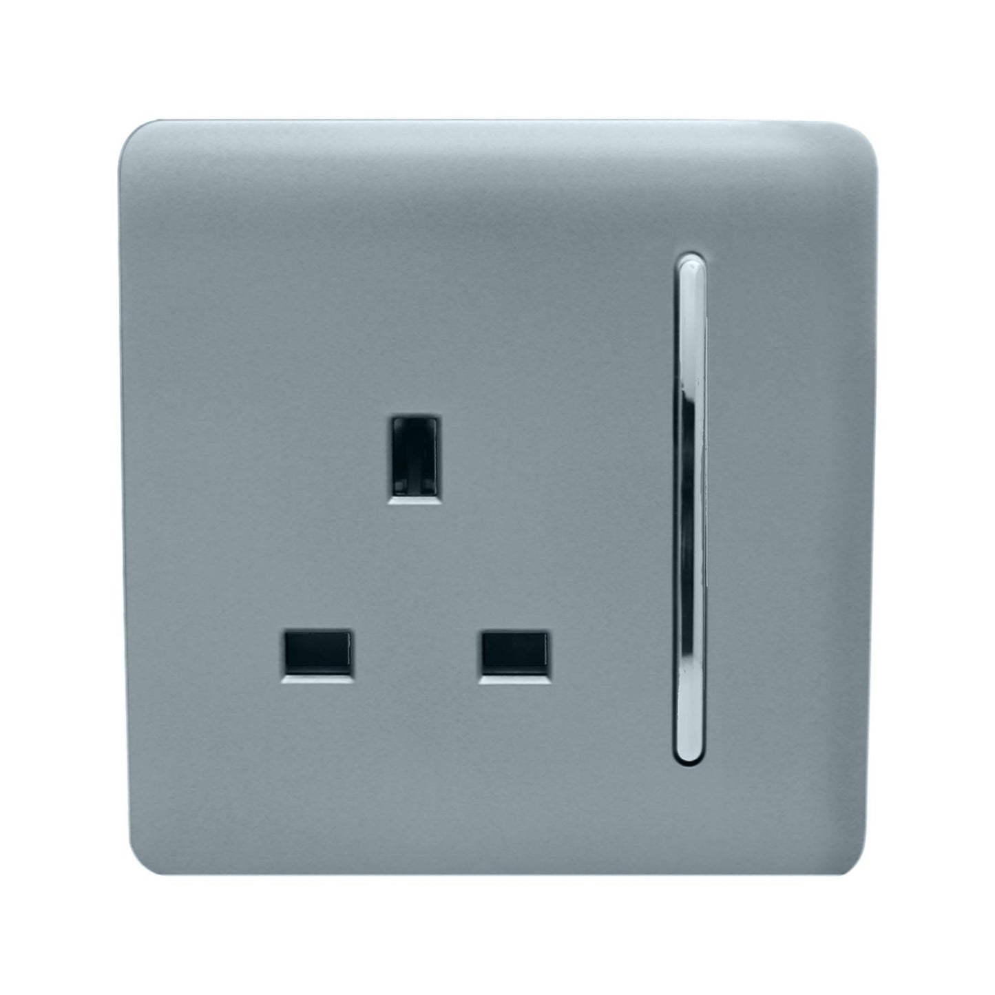 Trendi 1 Gang Raised Artistic Modern Glossy Screwless 13 Amp Single Pole with Chrome Switched UK Standard Electrical Double Wall Plug Socket in Cool Grey in ART-SKT13CG