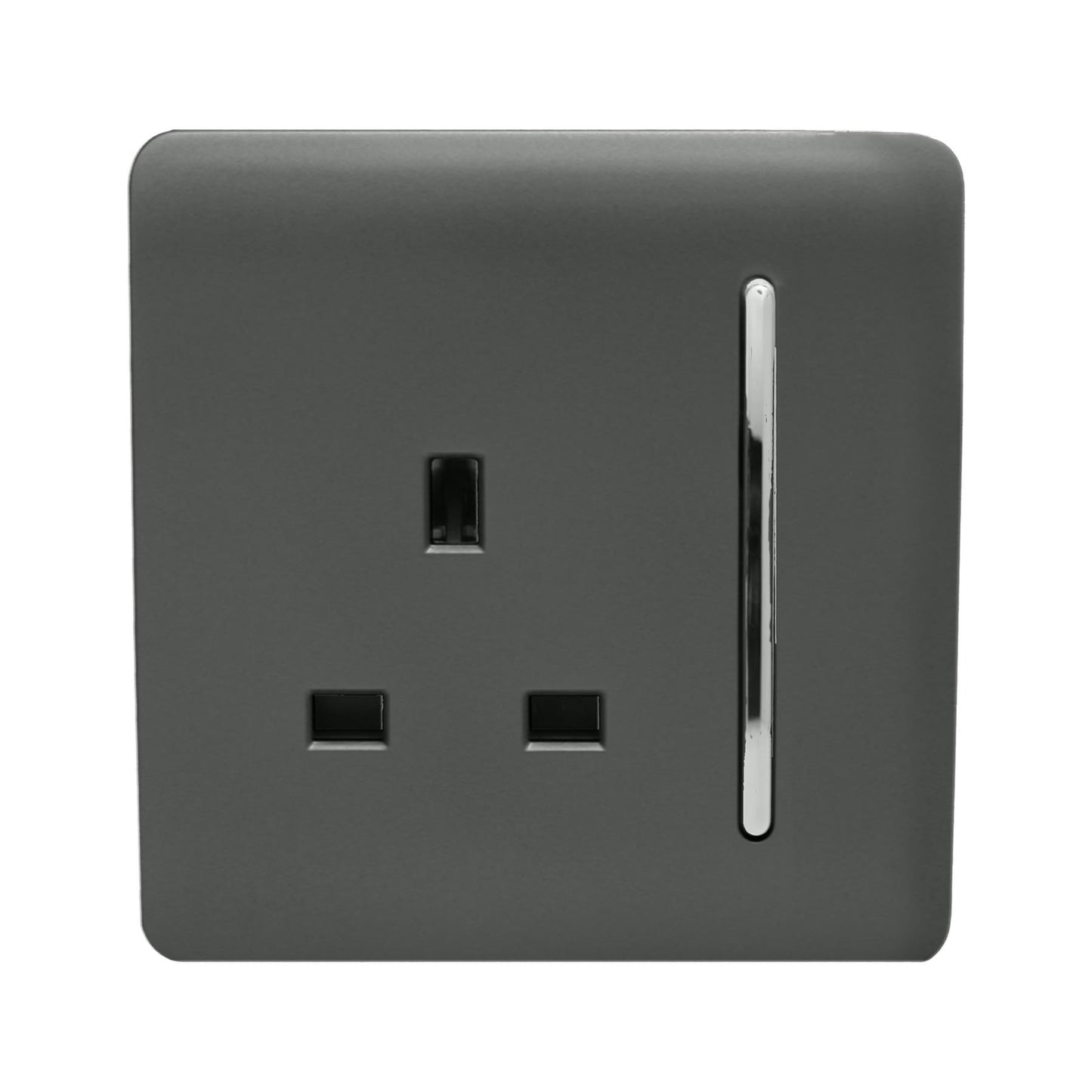 Trendi 1 Gang Raised Artistic Modern Glossy Screwless 13 Amp Single Pole with Chrome Switched UK Standard Electrical Double Wall Plug Socket in Charcoal Grey in ART-SKT13CH