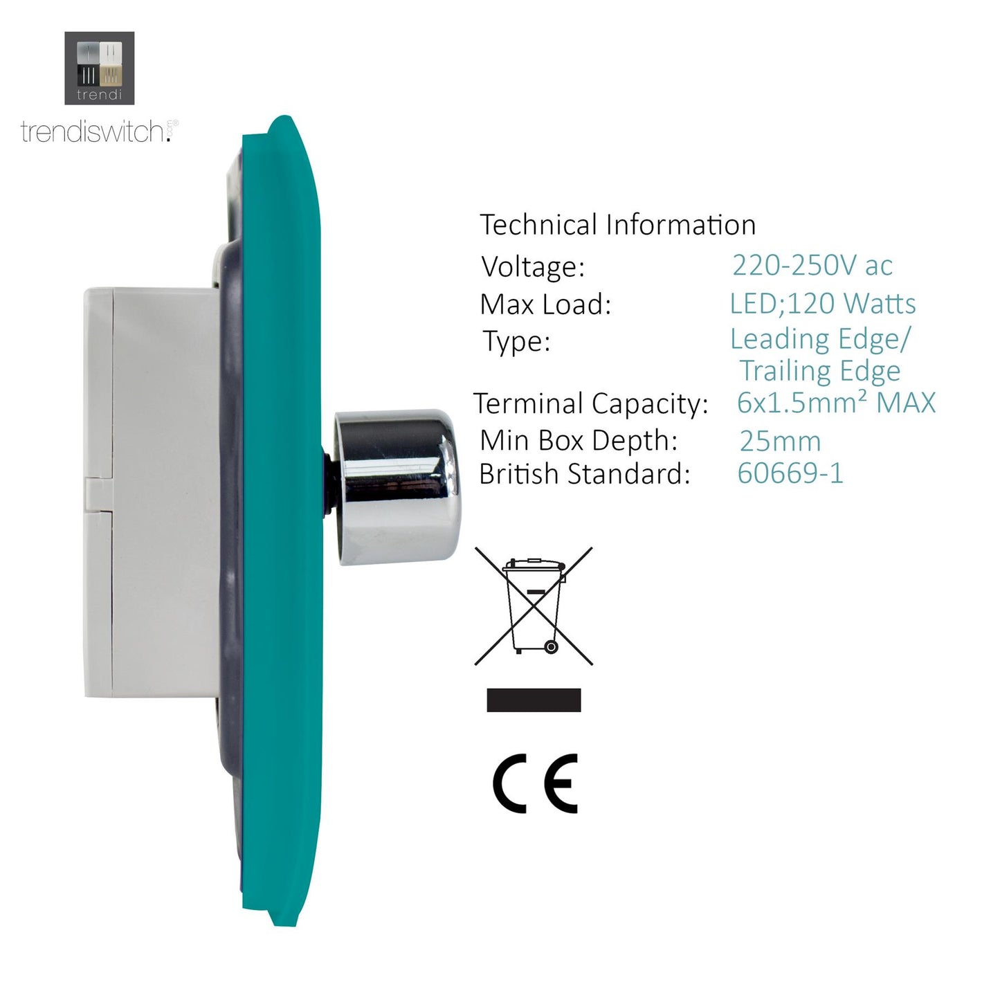 Trendi 2 Gang 2 Way 240V 100w LED Dimmer Screwless Raised Front Plate Plastic Artistic Modern Glossy 10 Amp Chrome Single Electrical Wall Light Switch in Bright Teal - ART-2LDMBT