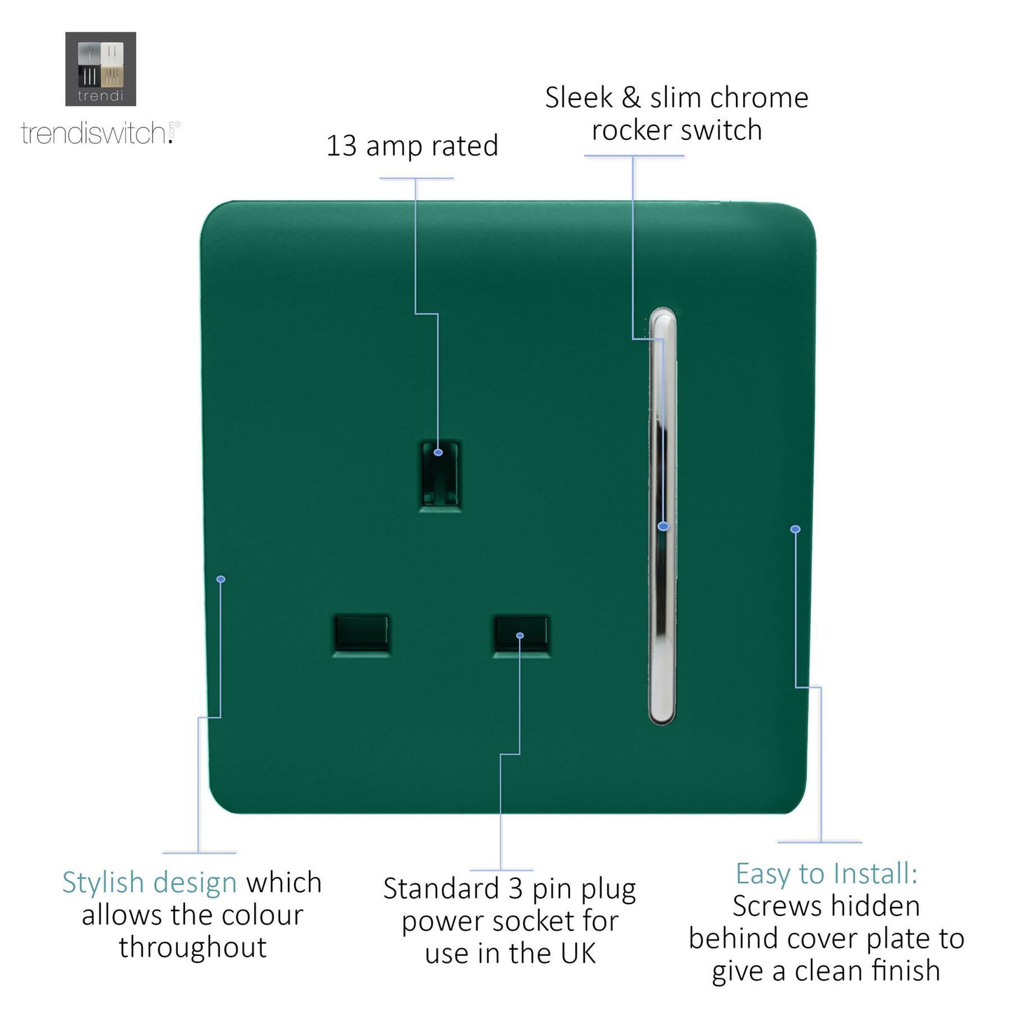 Trendi 1 Gang Artistic Modern Glossy 13 Amp Switched Tactile Plug Socket Dark Green