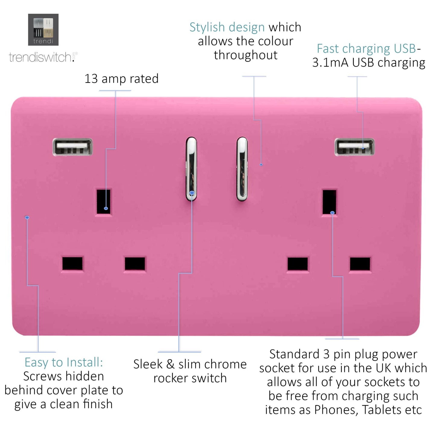 Trendi 2 Gang Artistic Modern Glossy 13 Amp 2 x 3.1mA USB Switched Plug Socket Pink