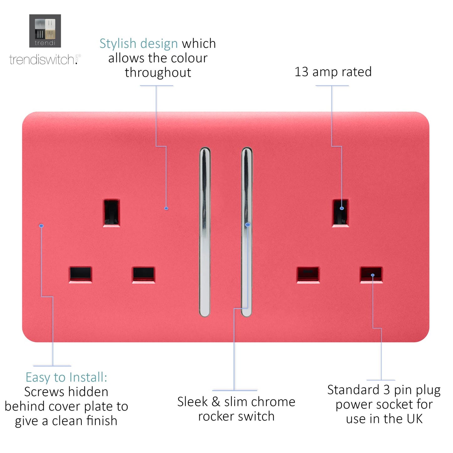 Trendi 2 Gang Artistic Modern Glossy 13 Amp Switched Tactile Plug Socket Strawberry