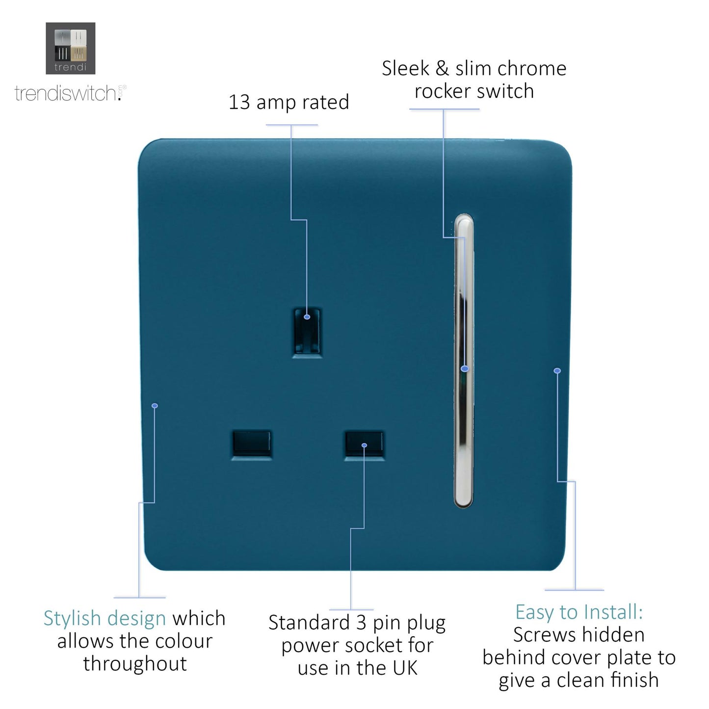 Trendi 1 Gang Artistic Modern Glossy 13 Amp Switched Tactile Plug Socket Midnight Blue