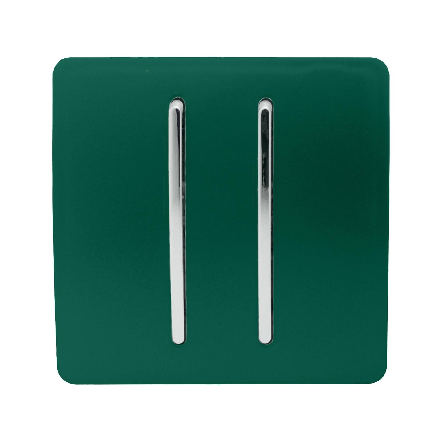 Trendi 2 Gang 3 way (Intermediate) 240V Screwless Raised Front Plate Plastic Artistic Modern Glossy 10 Amp Chrome Rocker Double Electrical Wall Light Switch in Dark Forest Green