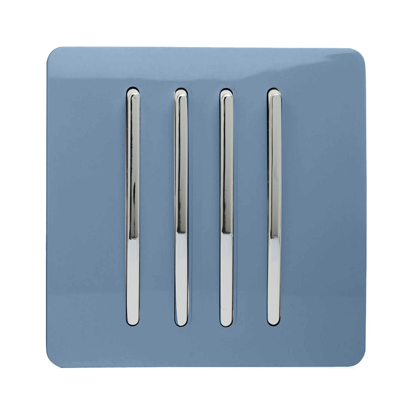 Trendi 4 Gang 2 way 240V Screwless Raised Front Plate Plastic Artistic Modern Glossy 10 Amp Chrome Rocker Quad Electrical Wall Light Switch in Sky Blue