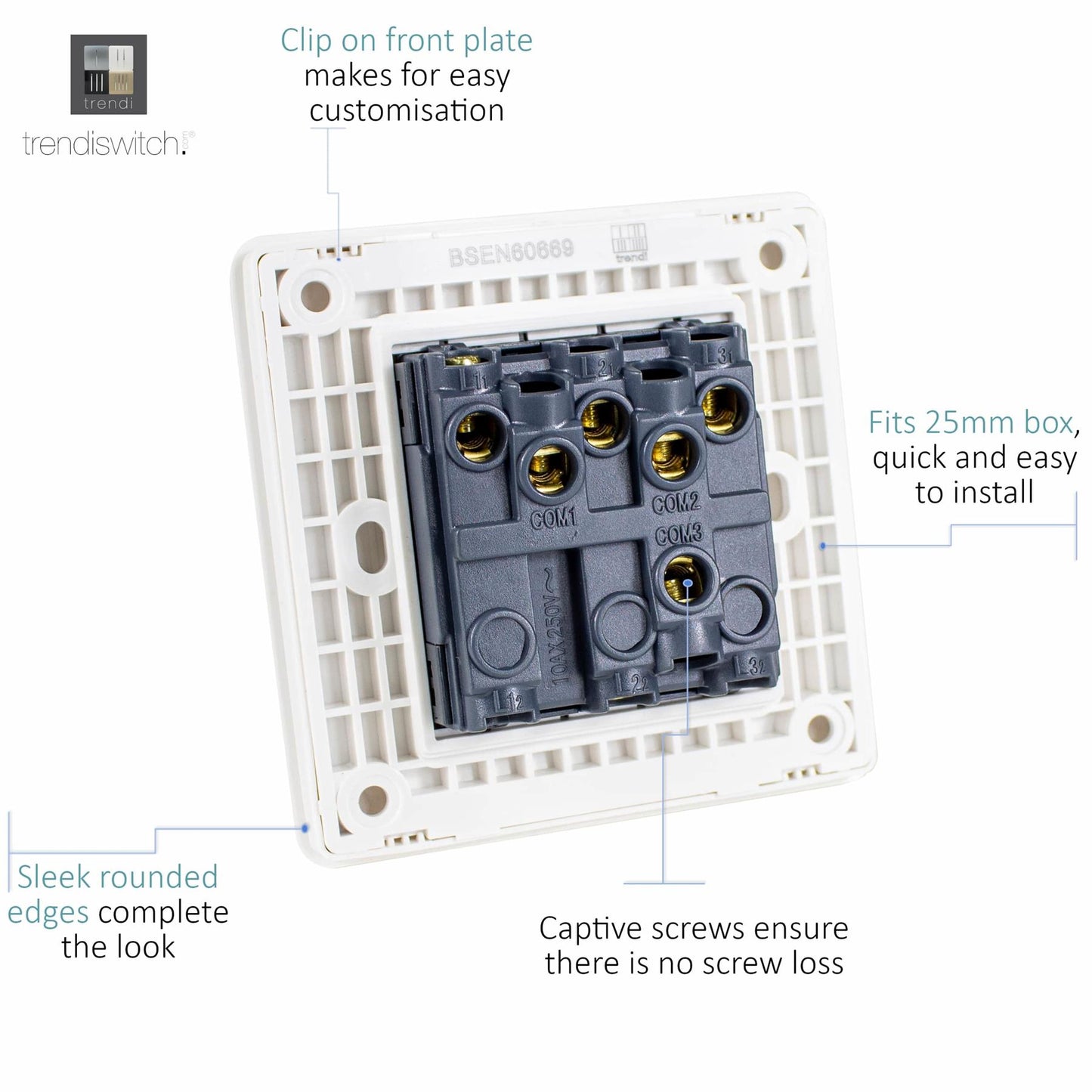 Trendi Switch Screwless 10 Amp Triple Pole Fan Isolator Switch in Bright Teal- FIBT