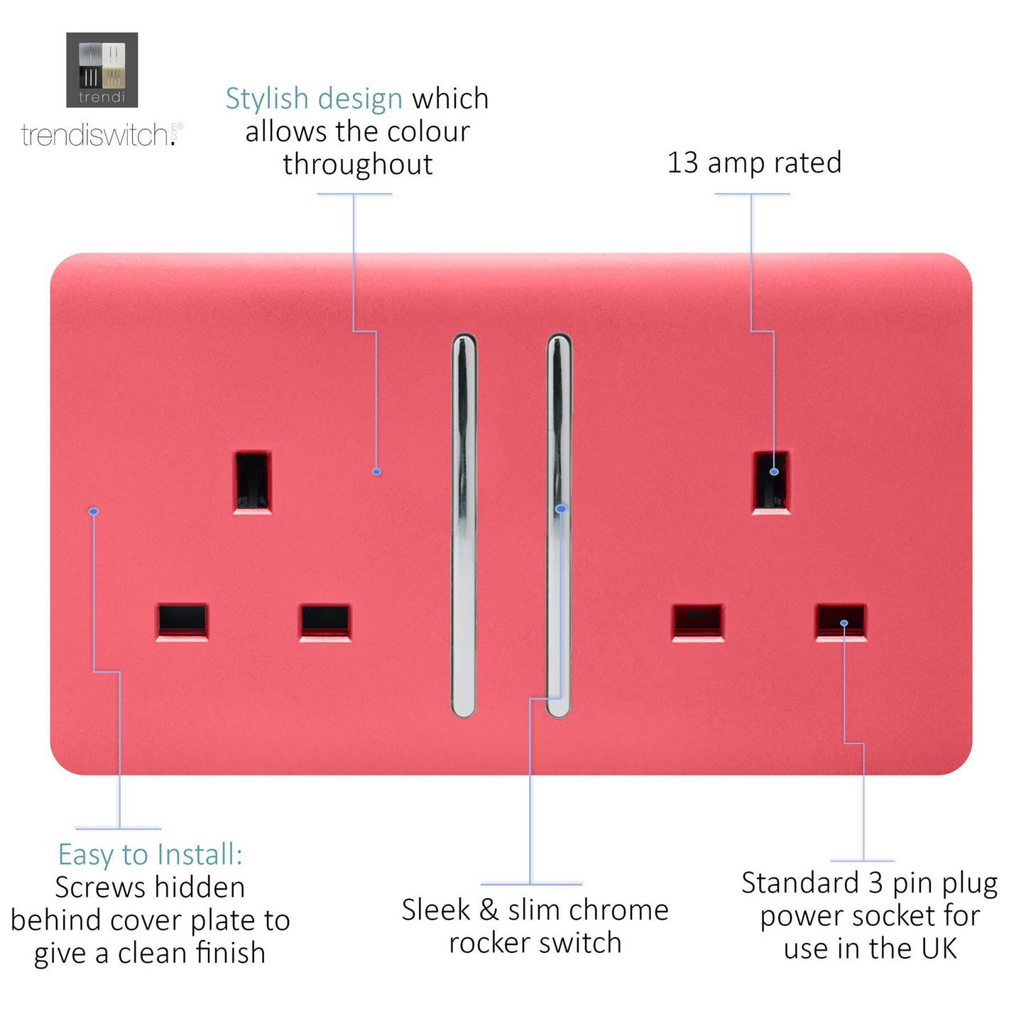 Trendi 2 Gang Artistic Modern Glossy 13 Amp Switched Tactile Plug Socket Strawberry