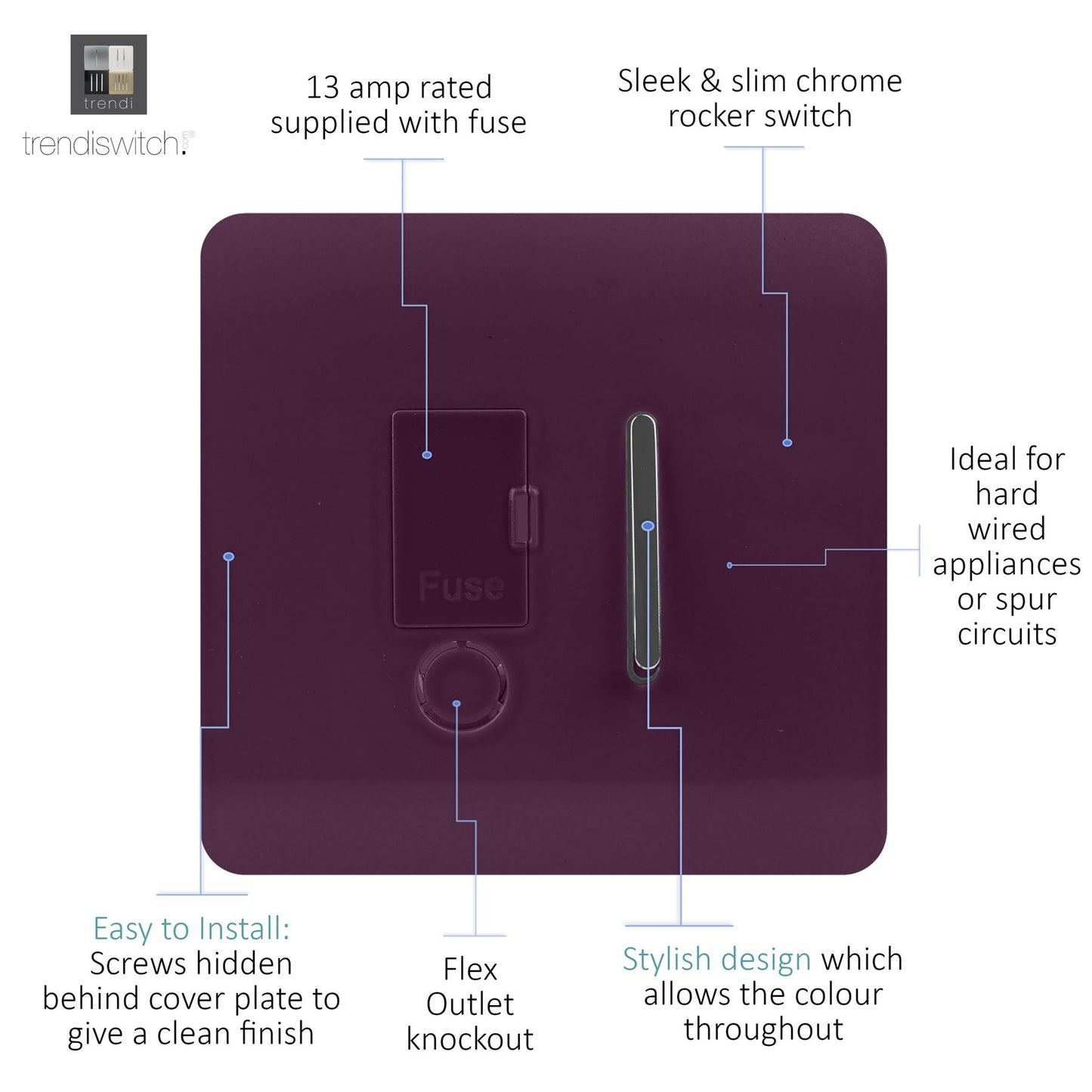 Trendi Switch Screwless Artistic Modern Glossy Tactile 230V Switched 13 A Single Fused Spur Connection Unit with Flex Outlet Chrome Rocker in Plum Purple