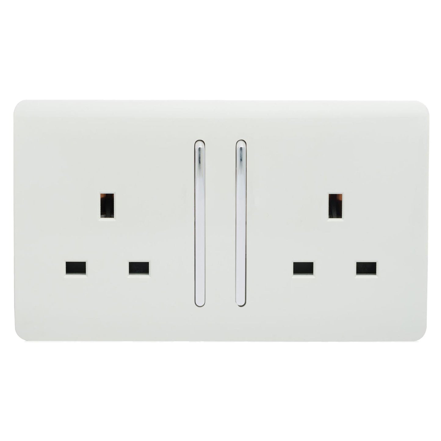 Trendi 2 Gang Raised Artistic Modern Glossy Screwless 13 Amp Single Pole with Chrome Switched UK Standard Electrical Double Wall Plug Socket in Ice White - ART-SKT213LWH