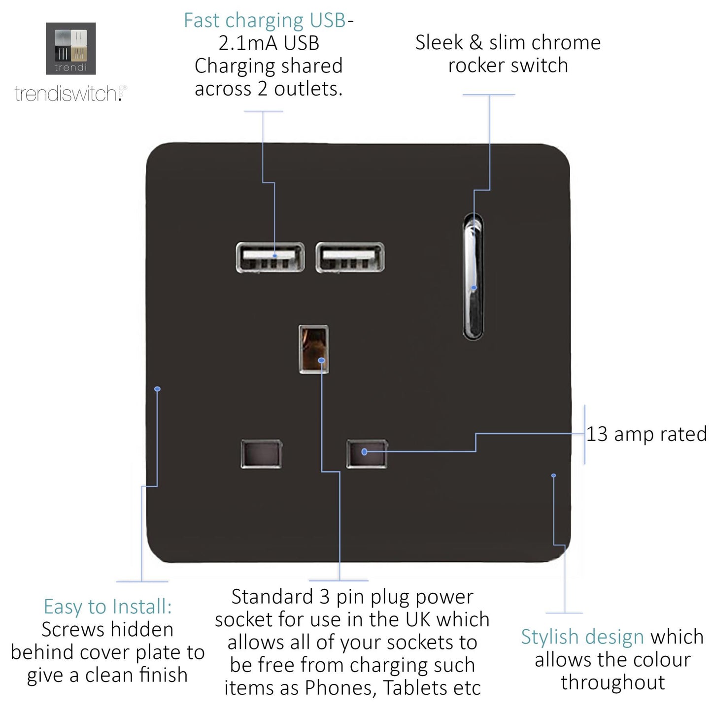Trendi 1 Gang Single Switched Screwless Artistic Modern Glossy 13 Amp 2x Type A 2.1A USB Charging Port 13A Wall Outlet Plug Socket in Dark Mocha Brown - ART-SKT13USBDB
