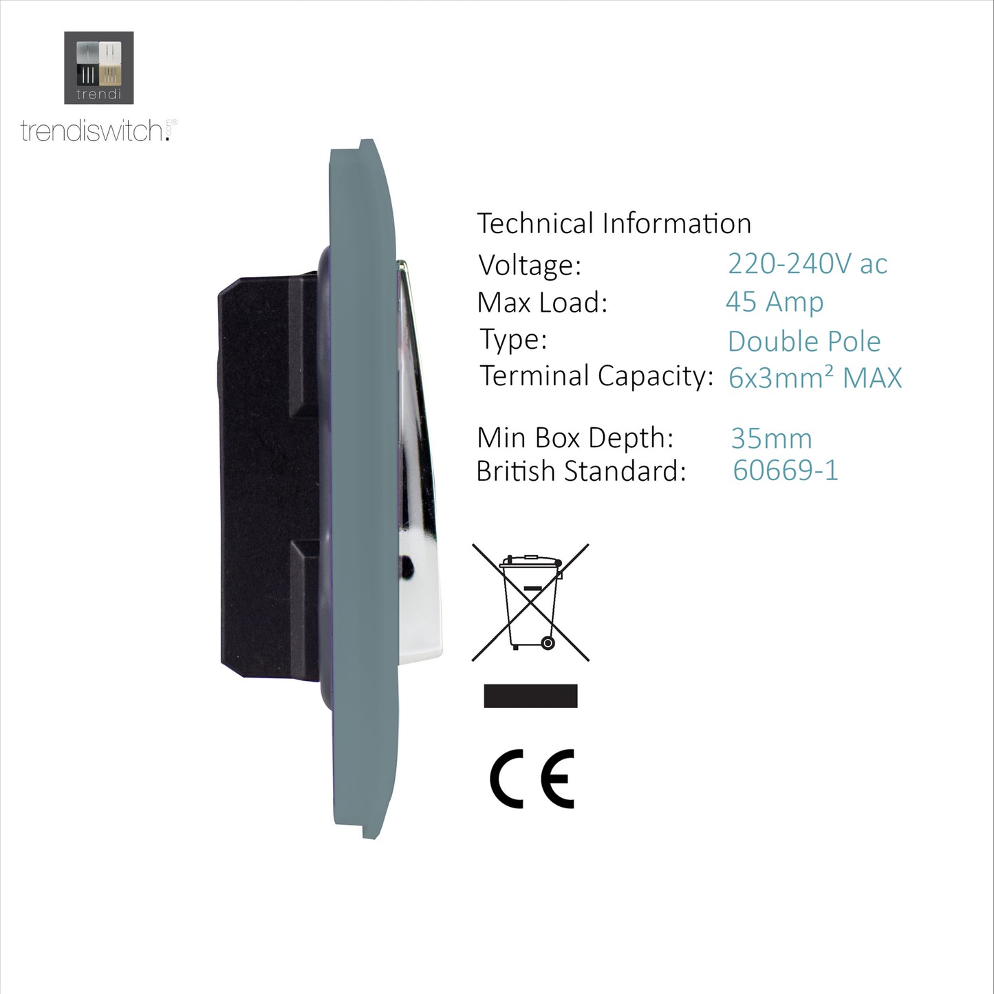 Trendi Artistic Modern Glossy 45 A Tactile Light Switch & Neon Insert Cool Grey