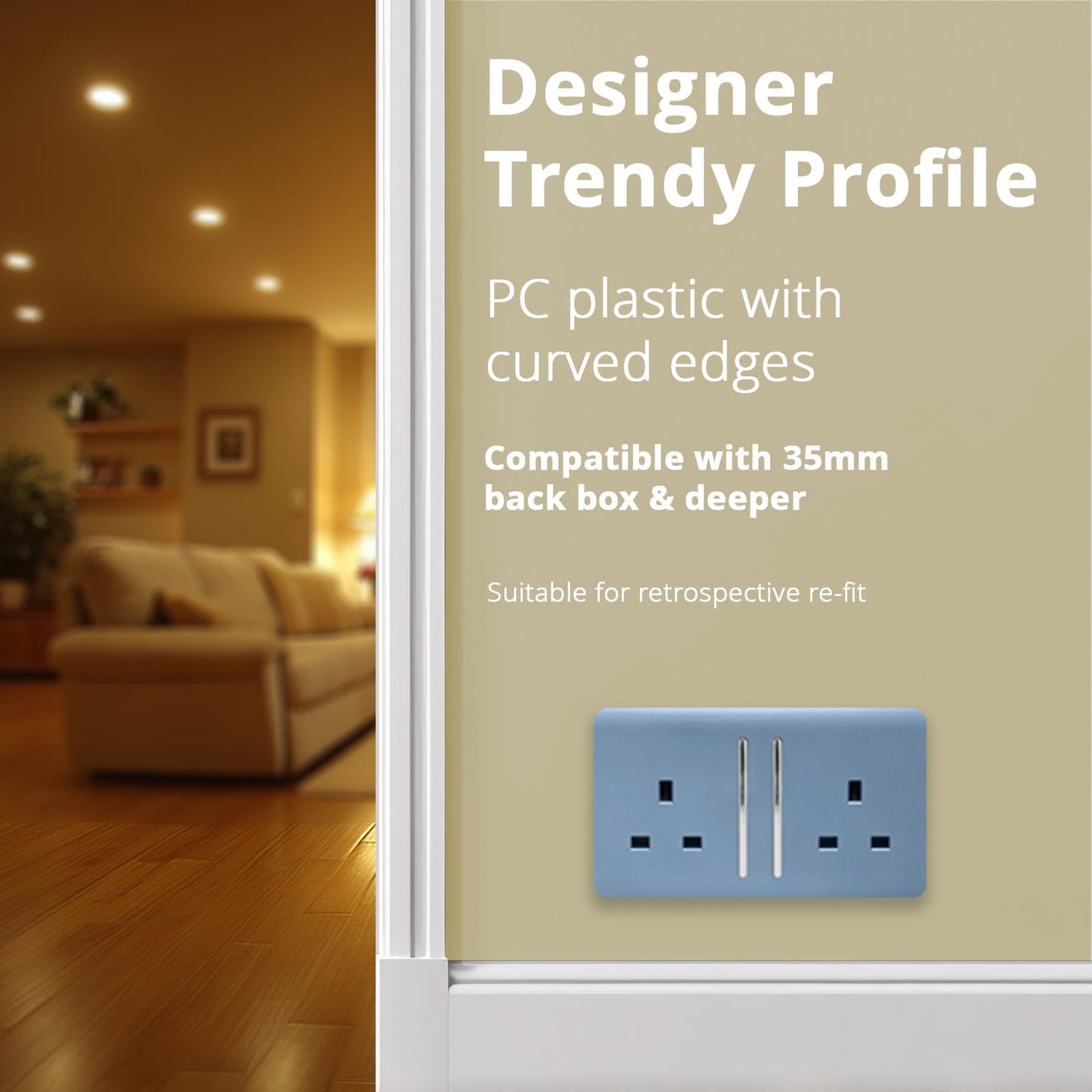 Trendi 2 Gang Artistic Modern Glossy 13 Amp Switched Tactile Plug Socket Sky
