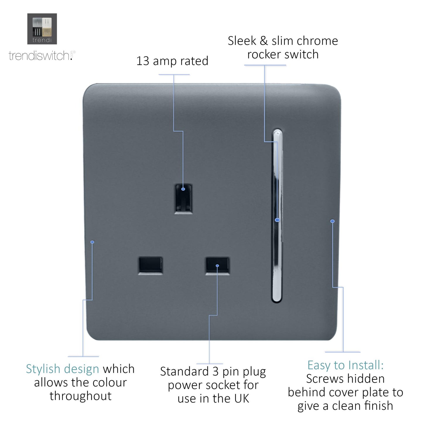 Trendi 1 Gang Raised Artistic Modern Glossy Screwless 13 Amp Single Pole with Chrome Switched UK Standard Electrical Double Wall Plug Socket in Warm grey
