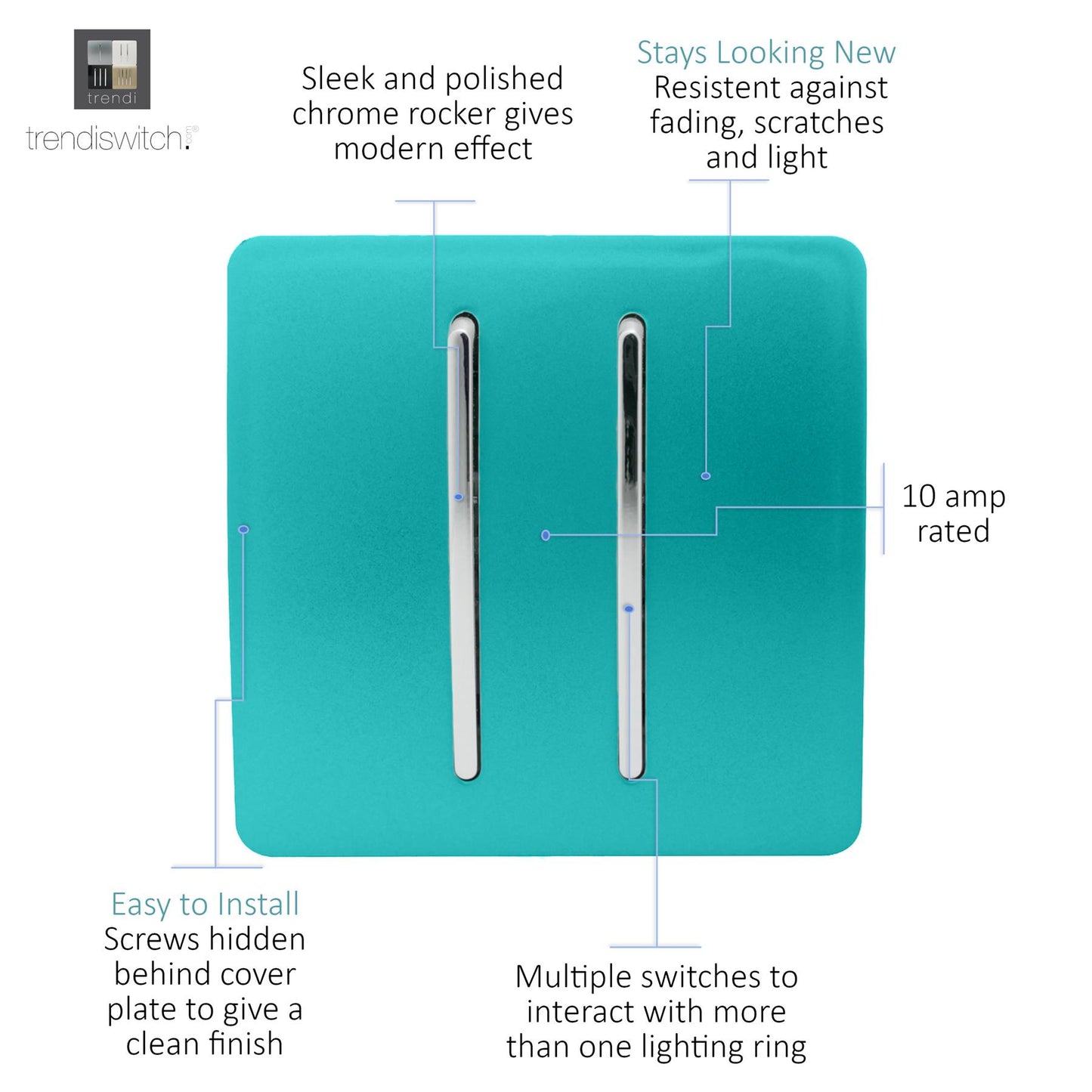 Trendi 2 Gang 3 way (Intermediate) 240V Screwless Raised Front Plate Plastic Artistic Modern Glossy 10 Amp Chrome Rocker Double Electrical Wall Light Switch in Bright Teal